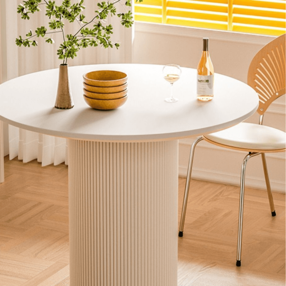 Minimalist Sintered Stone Rounded Fixed Dining Table with Single Ribbed Leg for 2 People/for 4 thumbnail 4