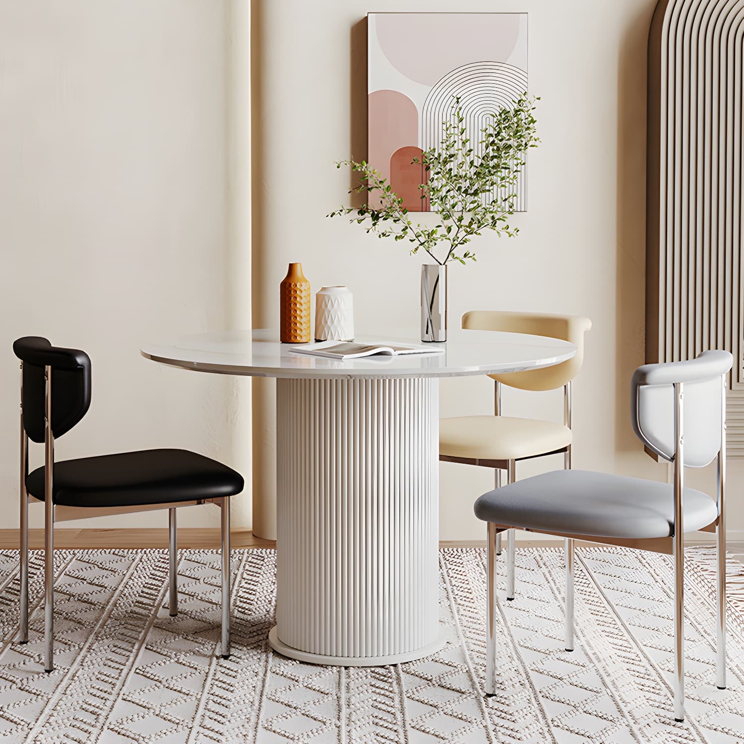 Round White Stone Modern Dining Table with White Steel Pedestal Base Standard Height thumbnail 3