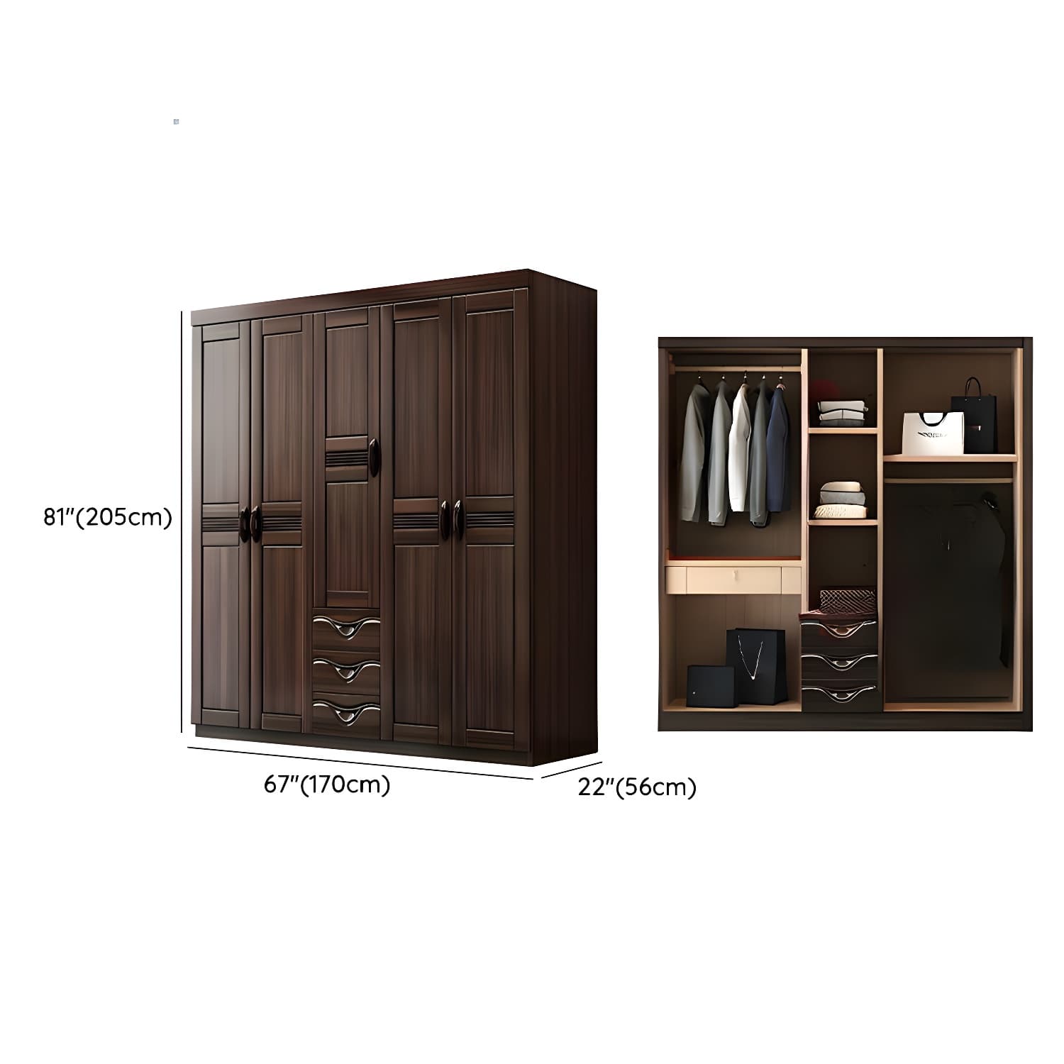 Traditional Black-brown Storage Wood Wardrobe with Clothing Rod and Shelves thumbnail 11