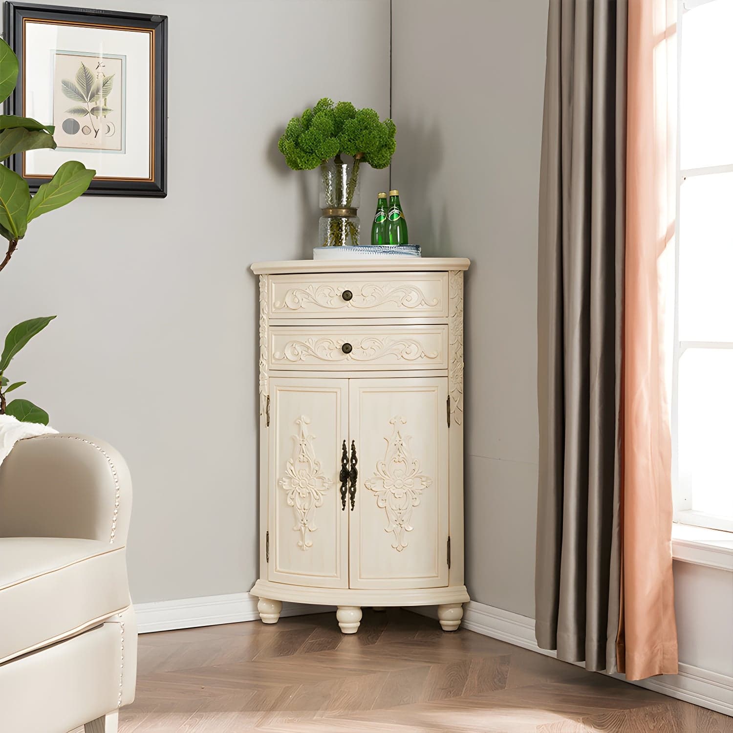 Traditional Bar Pulls Solid Wood Corner Accent Cabinet with Doors thumbnail 6