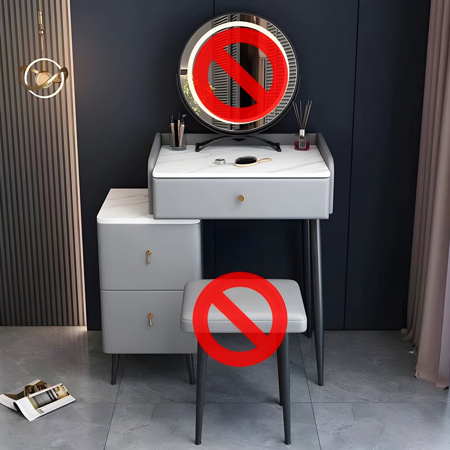 Contemporary Make-up Vanity with Stone Top and Metal Legs for Bedroom thumbnail 1