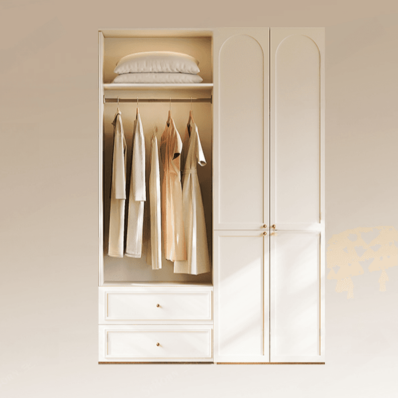 White Minimalist Manufactured Wood Wardrobe Closet with 2 Drawers, Soft Close Door, Interior Shelves, and Clothing Rod thumbnail 5