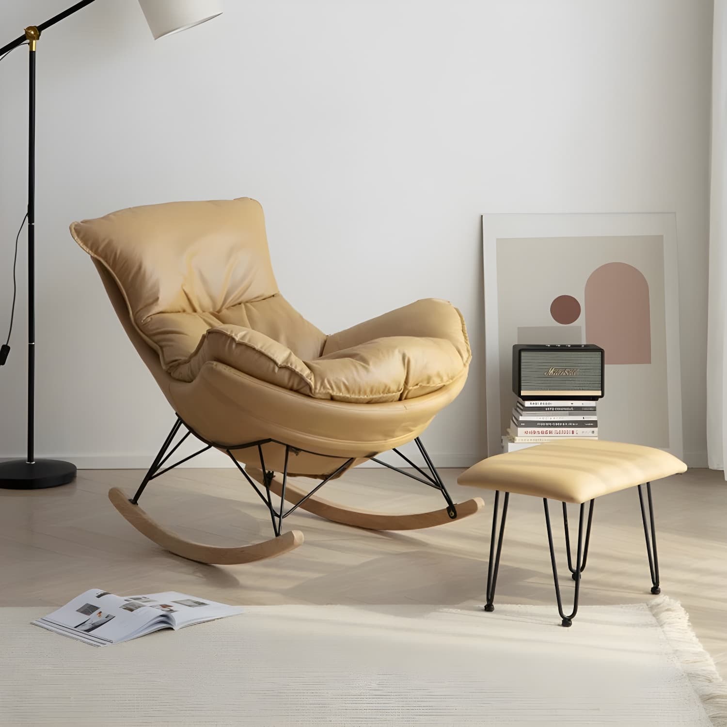 Modern Upholstered Rocking Chair with Ottoman Set - Natural Wood Legs thumbnail 13