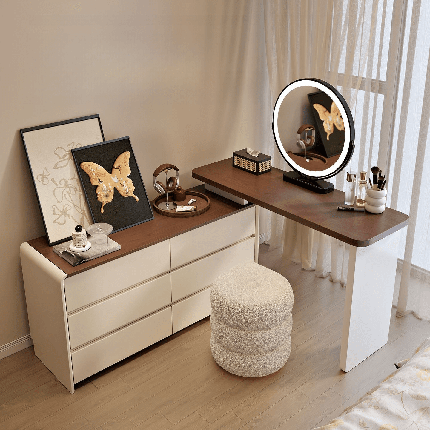 Large Vanity Set with White Seating, 6 Drawers, Mirror Lights, Seat, Lighting, and Scalable Telescopic Design thumbnail 4