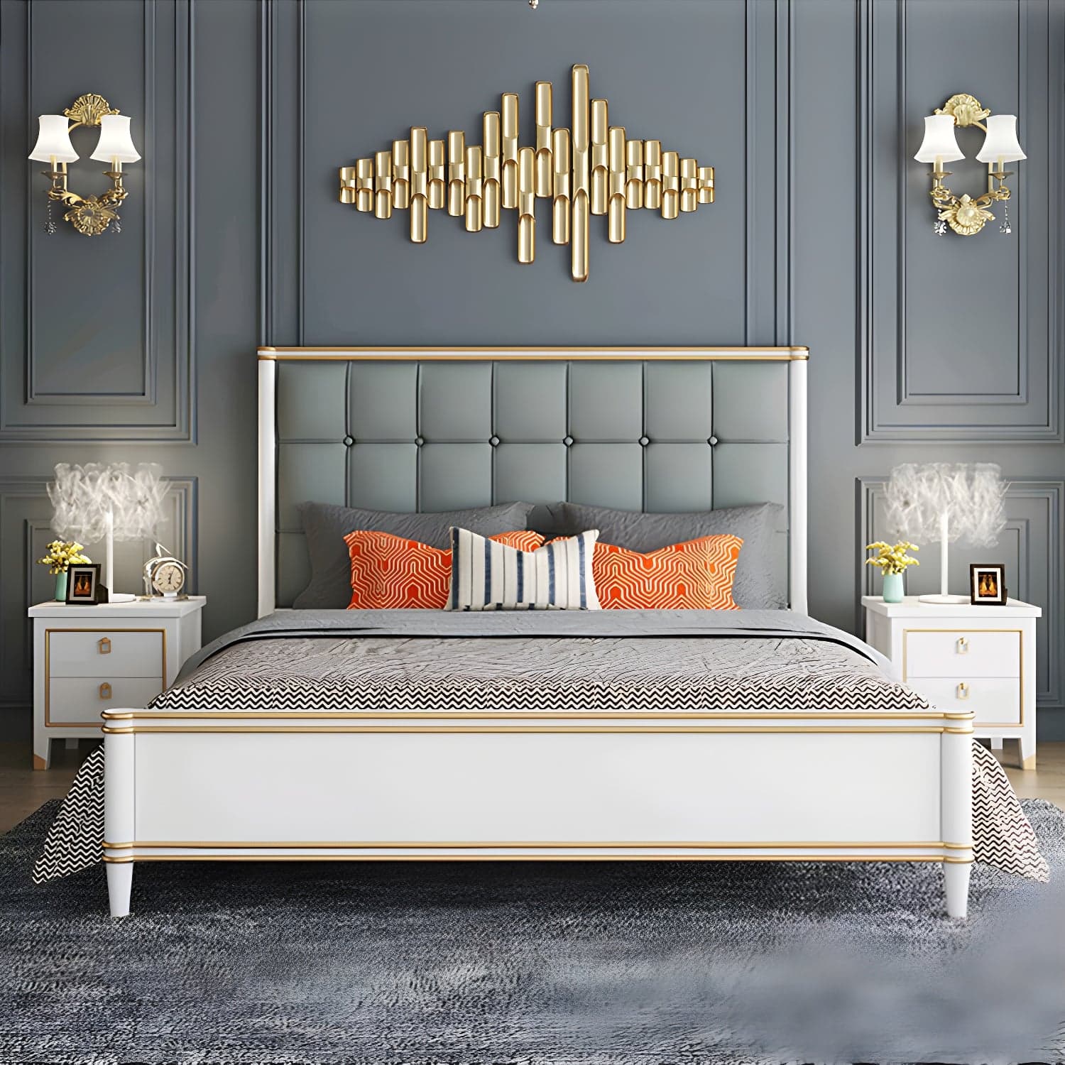 Modern Standard Bed with Tufted Upholstered Headboard and Soild Wood Legs thumbnail 3