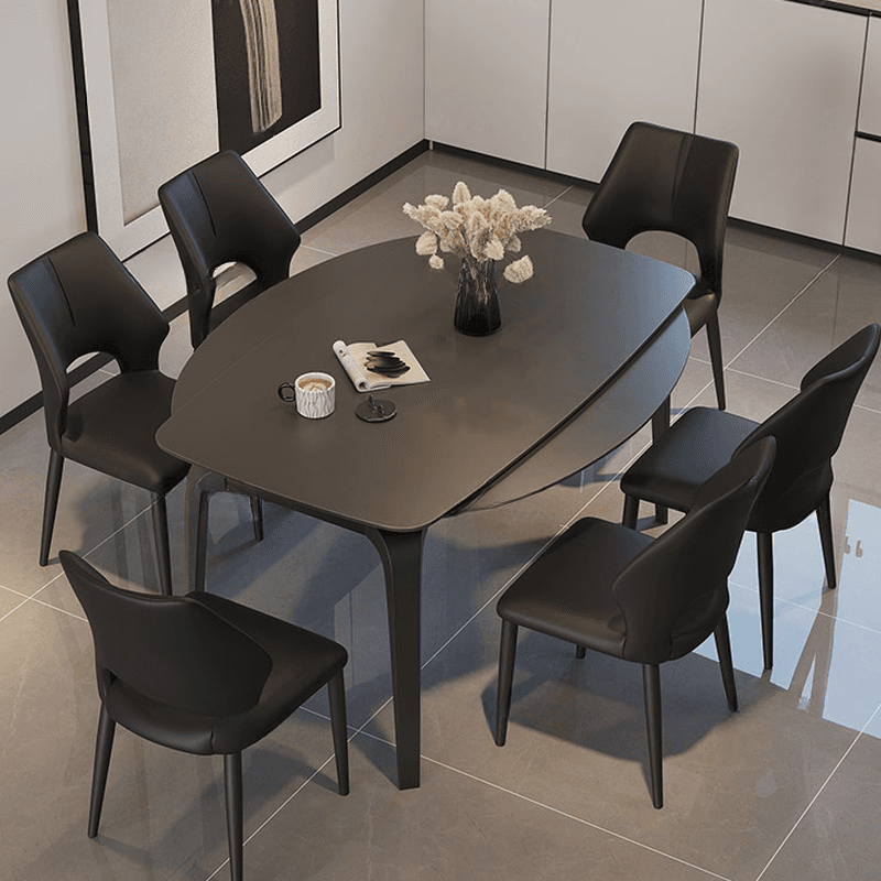 Dining Table Set with Slate Stone Top, Fold-away Leaf, Padded Chair with Back for 6 People in Midnight Black thumbnail 4