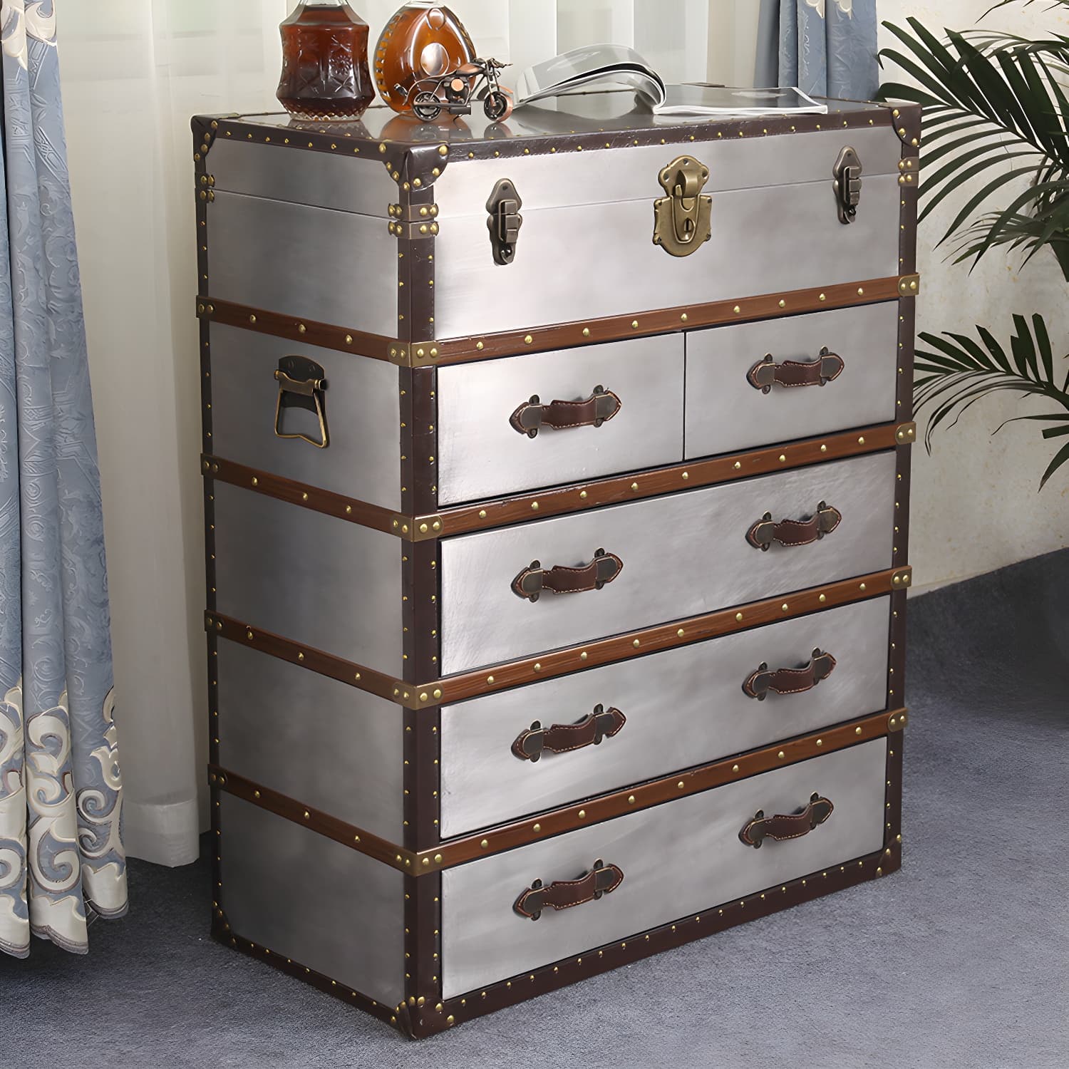 Rustic Leather Chest Vertical Chest with Drawers for Bedroom - image 19