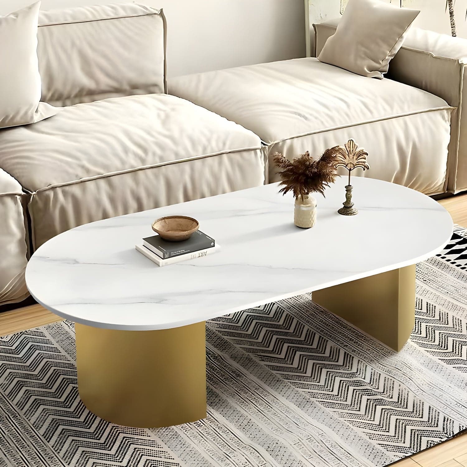 Modern Oval Stone Coffee Table with Double Pedestal Base for Living Room thumbnail 2