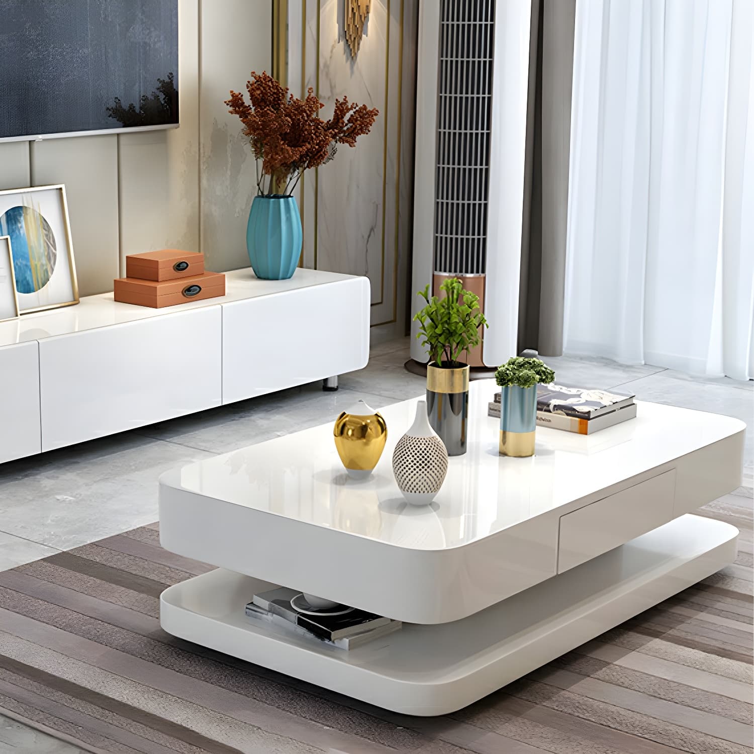 White Modern Coffee Table with Rectangular Wood Top & Block Base thumbnail 4