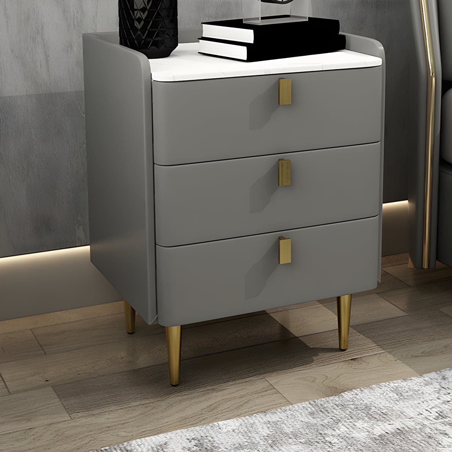 Faux Leather Nightstand Modern 3 - Drawer Nightstand with Stone Top thumbnail 4