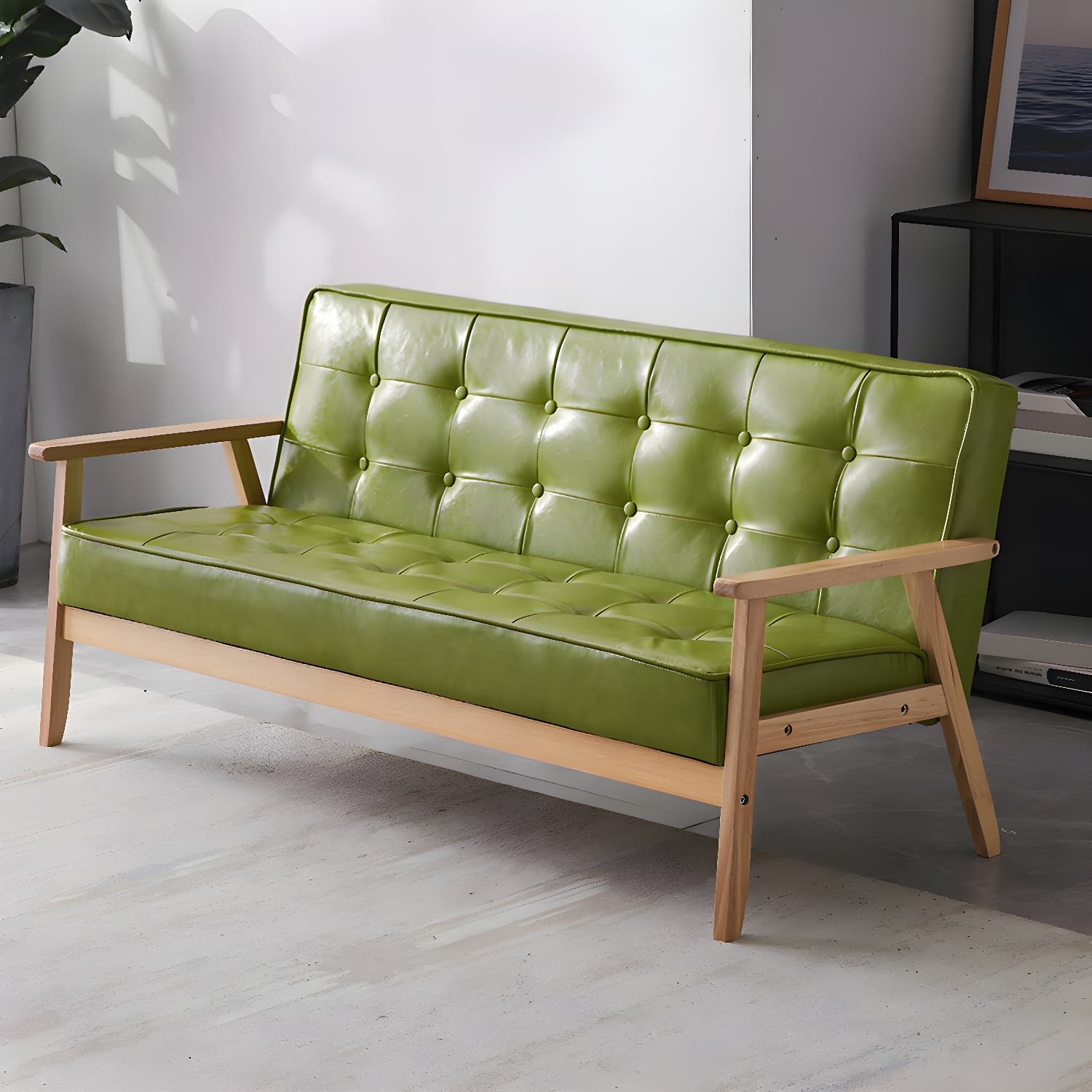 Mid-Century Modern Pine Wood Sofa with Tufted Back and Single Cushion Design thumbnail 4