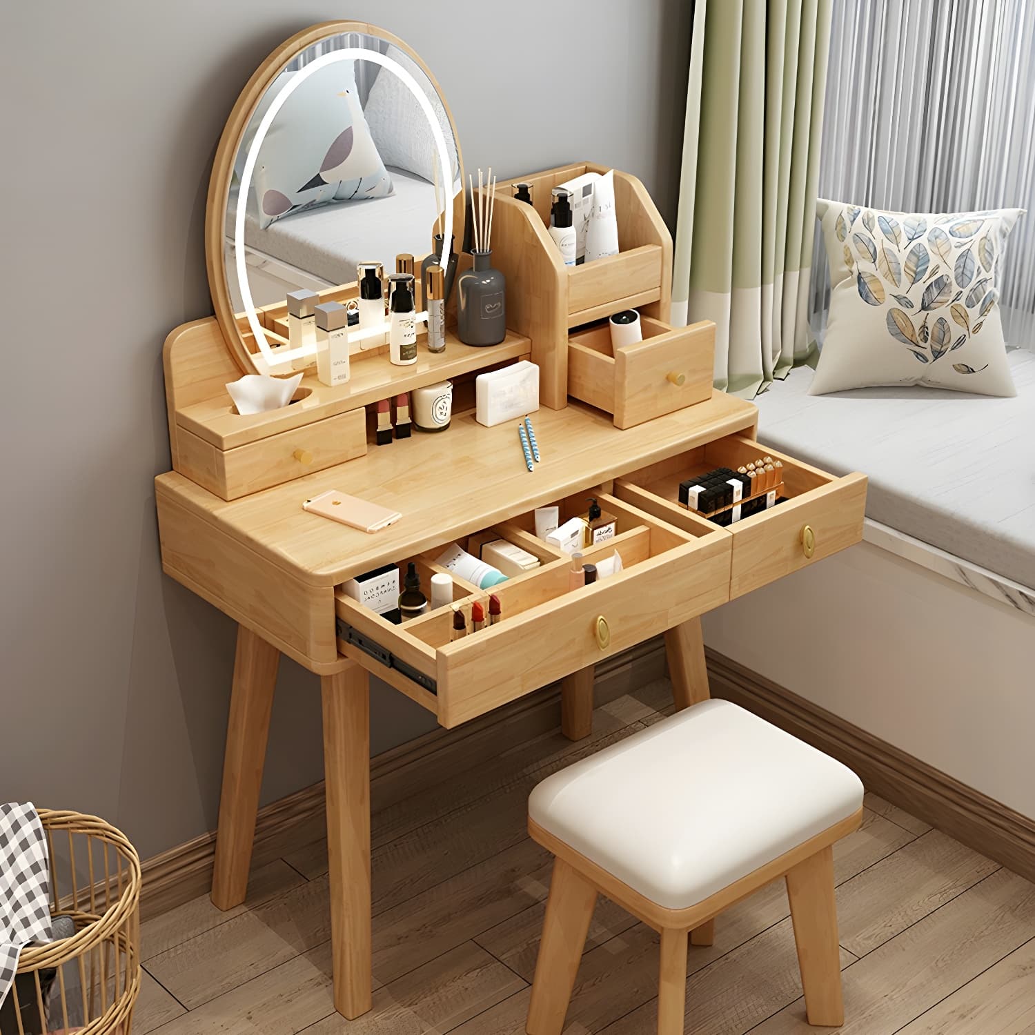 Modern Wood Makeup Vanity with Drawers, Mirror & Upholstered Chair thumbnail 8