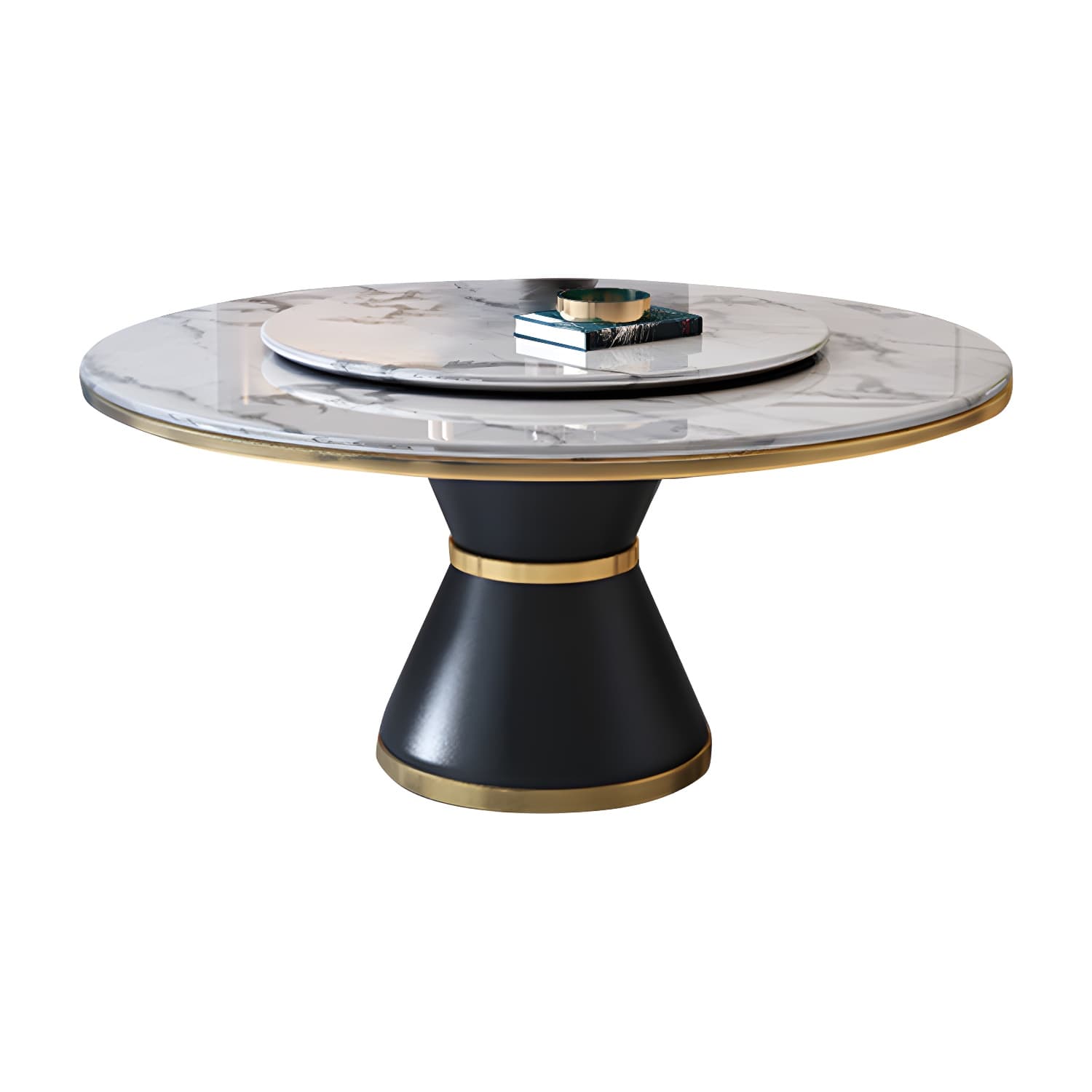 Glam Round Stone Dining Set in White - Fixed Table with Black Metal Pedestal Base thumbnail 3