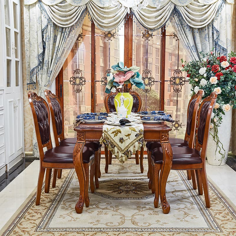 Retro Rectangular Brown Solid Wood Dining Table Set with Four Legs and Fixed Table thumbnail 3