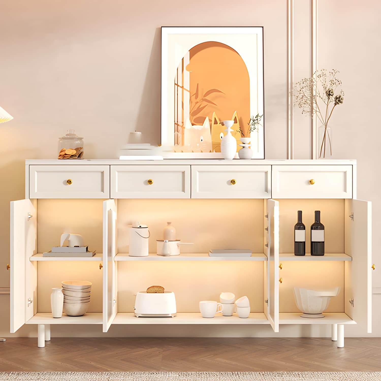Wooden Buffet Server with Stone Countertop, Glass Doors, and Drawers thumbnail 10