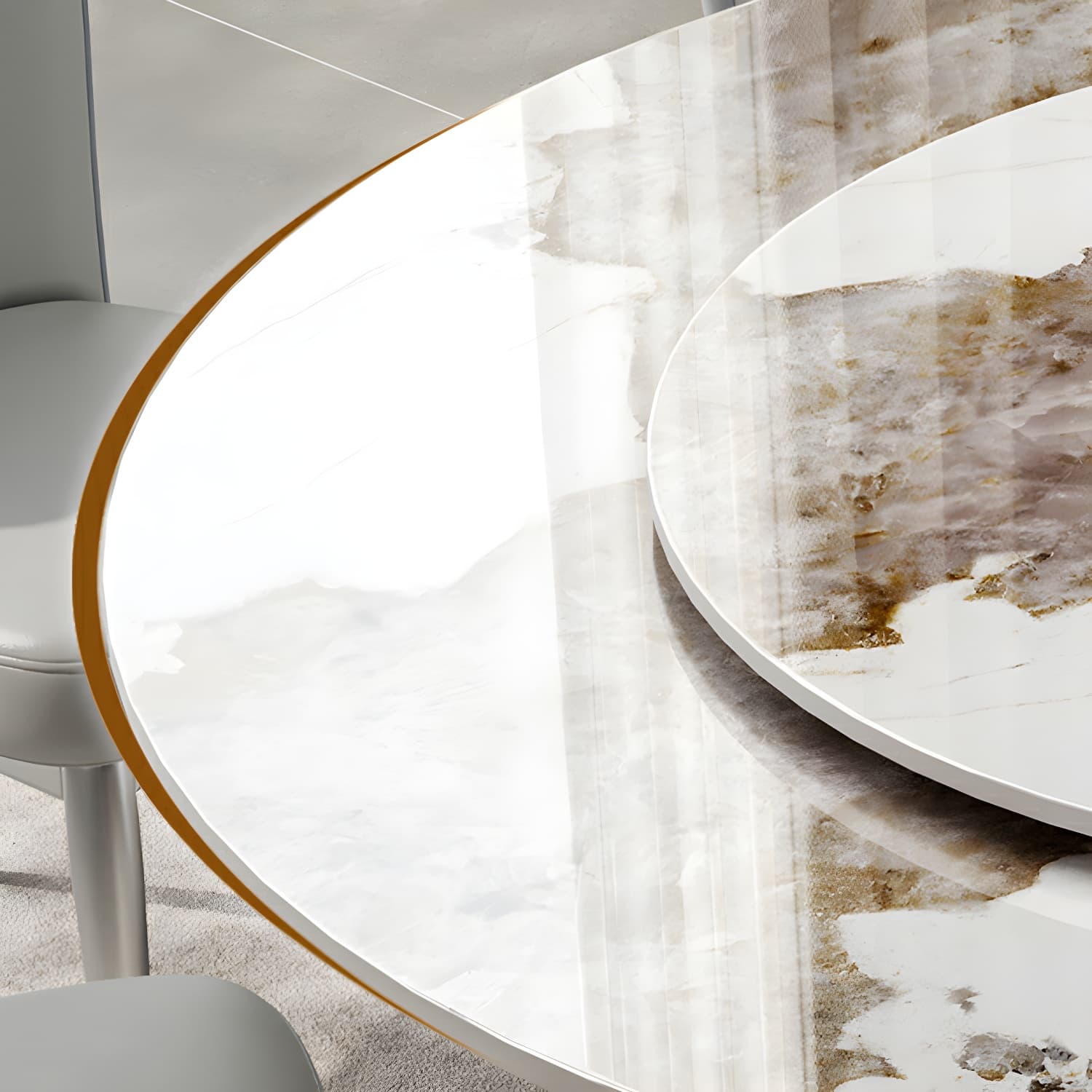 Stunning White Stone Round Dining Table with Lazy Susan and Silver Steel Pedestal Base thumbnail 8