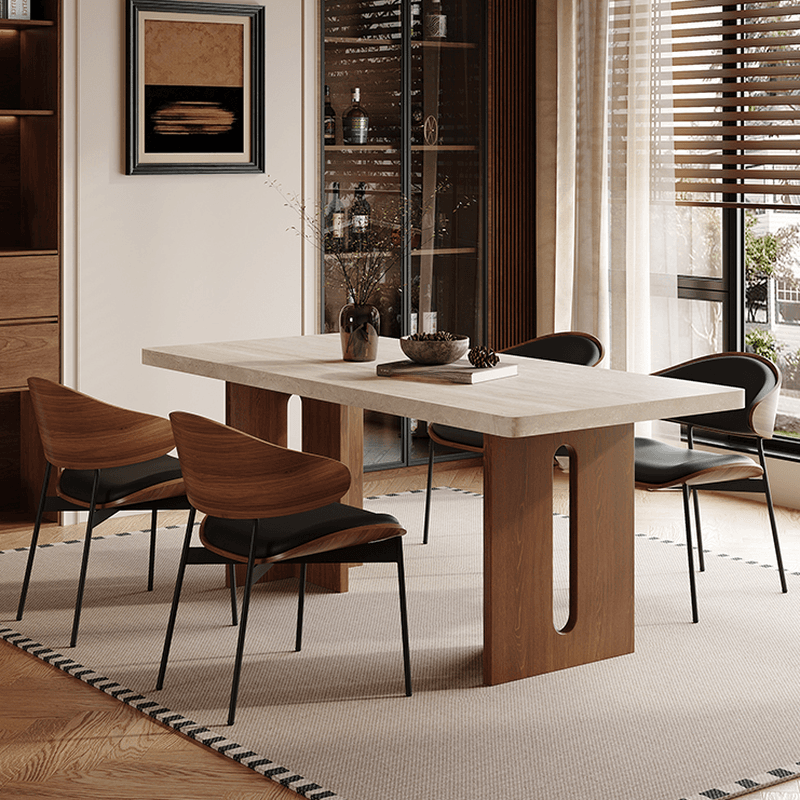 Minimalist Rectangular Slate Stone Dining Table Set with Two-sided Pedestal in Ivory thumbnail 3