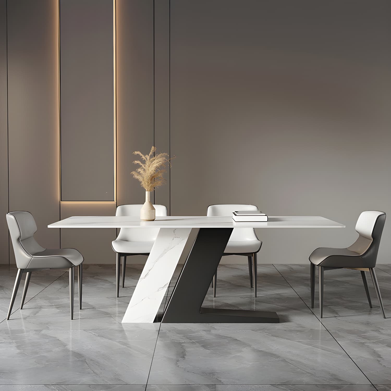 Modern Sintered Stone Top Dining Set Rectangle 1/2/5/7 Pieces Dinette Table Set in White