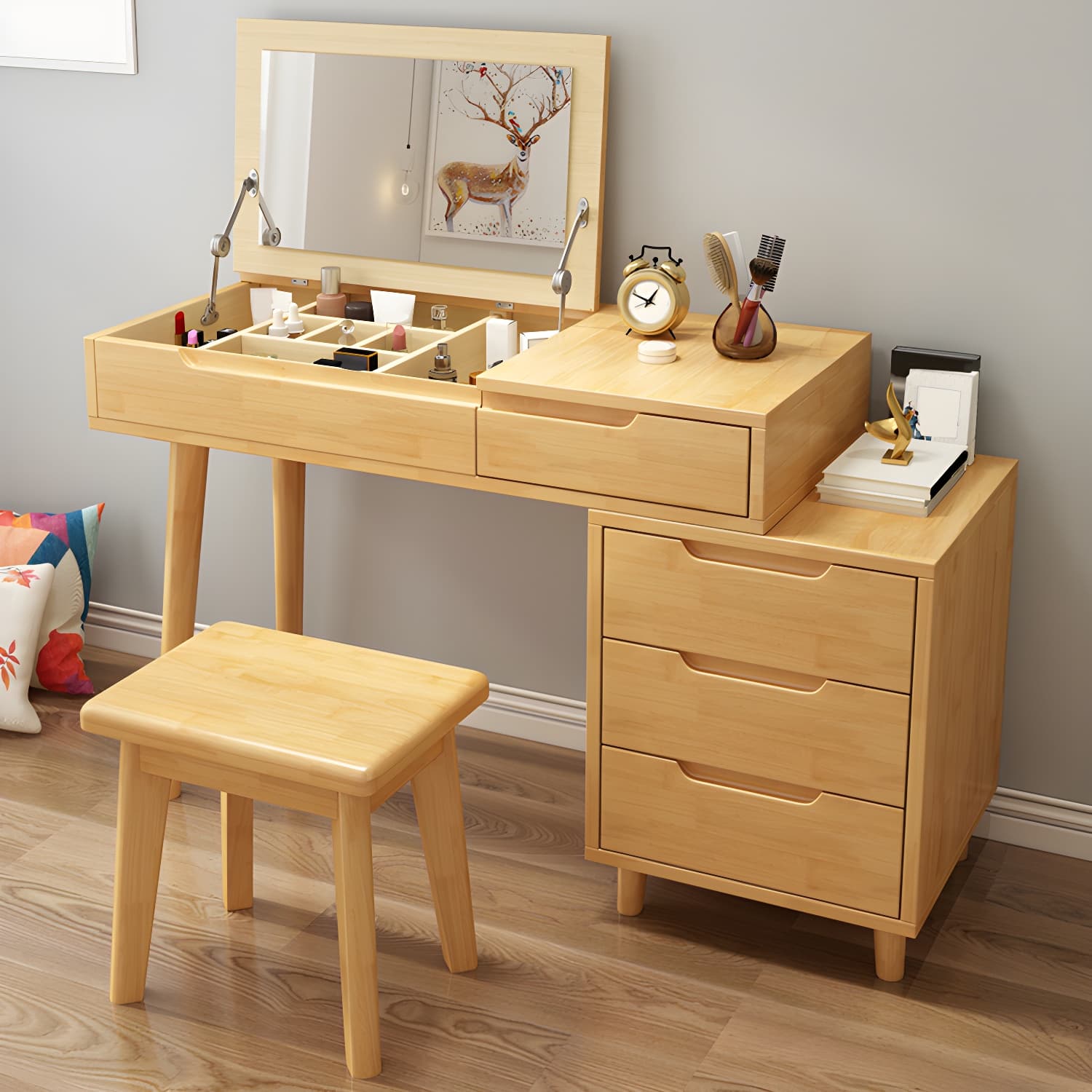 Solid Wood 1/4-Drawer Vanity Makeup Table with Mirror and Stool - 17.72" D thumbnail 18