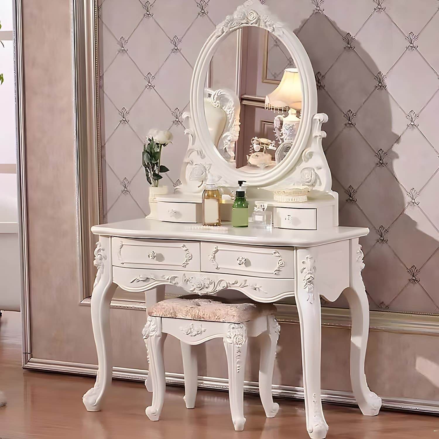 Victorian 33.4"/41.3" Wide Wood 4 Drawers Mirrored Makeup Vanity thumbnail 6