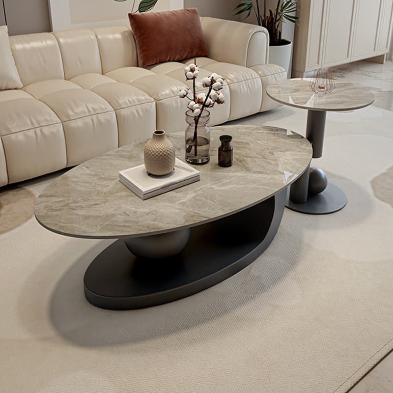 Modern Oval Stone Top Coffee Table, Abstract Iron Base, Scratch Resistant thumbnail 5