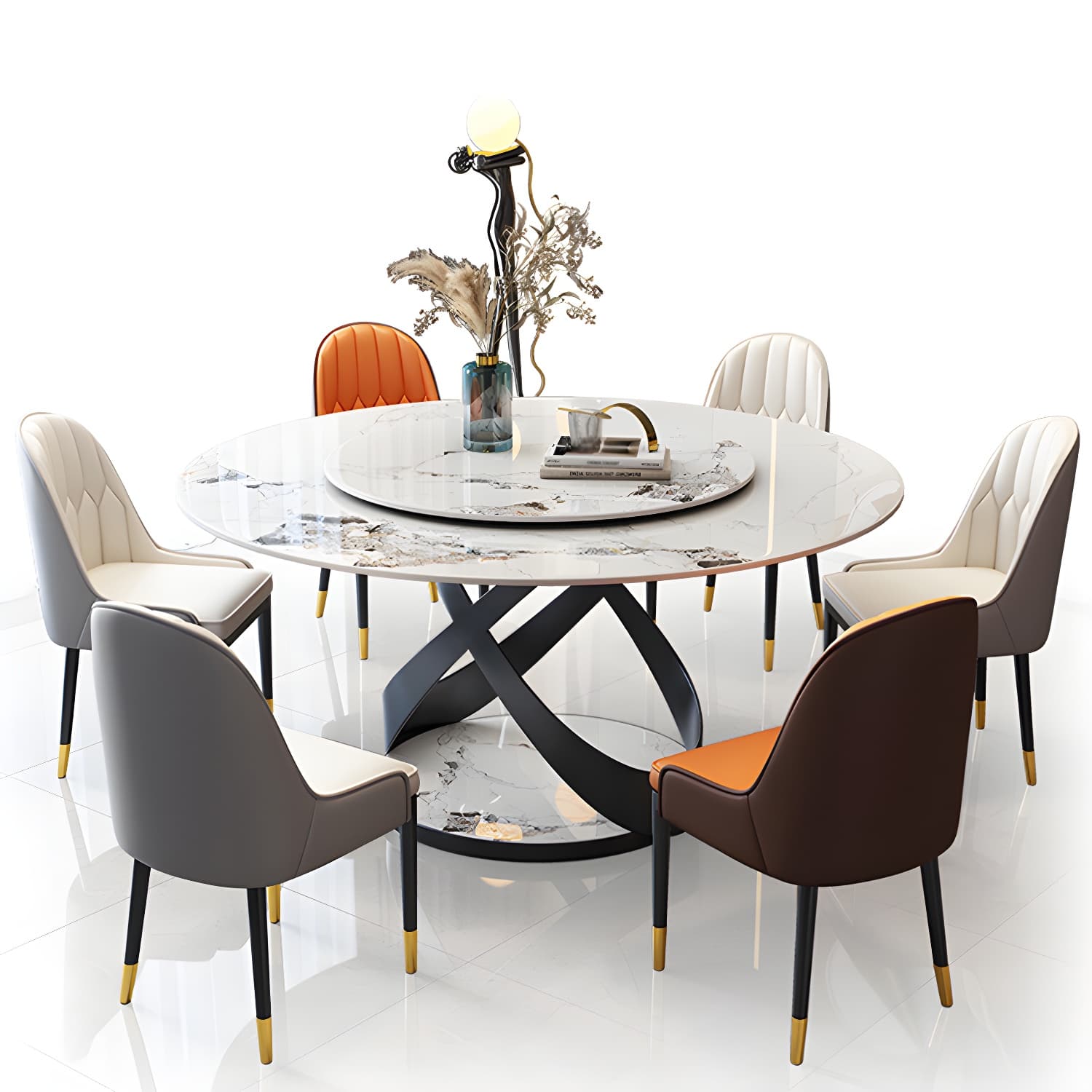 Modern Round Stone Top Lazy Susan Dining Table with Black Steel Pedestal thumbnail 13