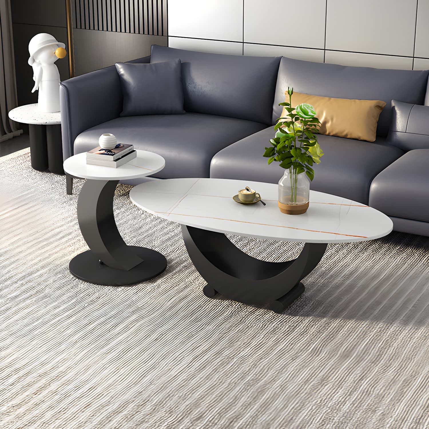 2 Piece Nesting Tables Oval Minimalist Modern Coffee Table Set thumbnail 4