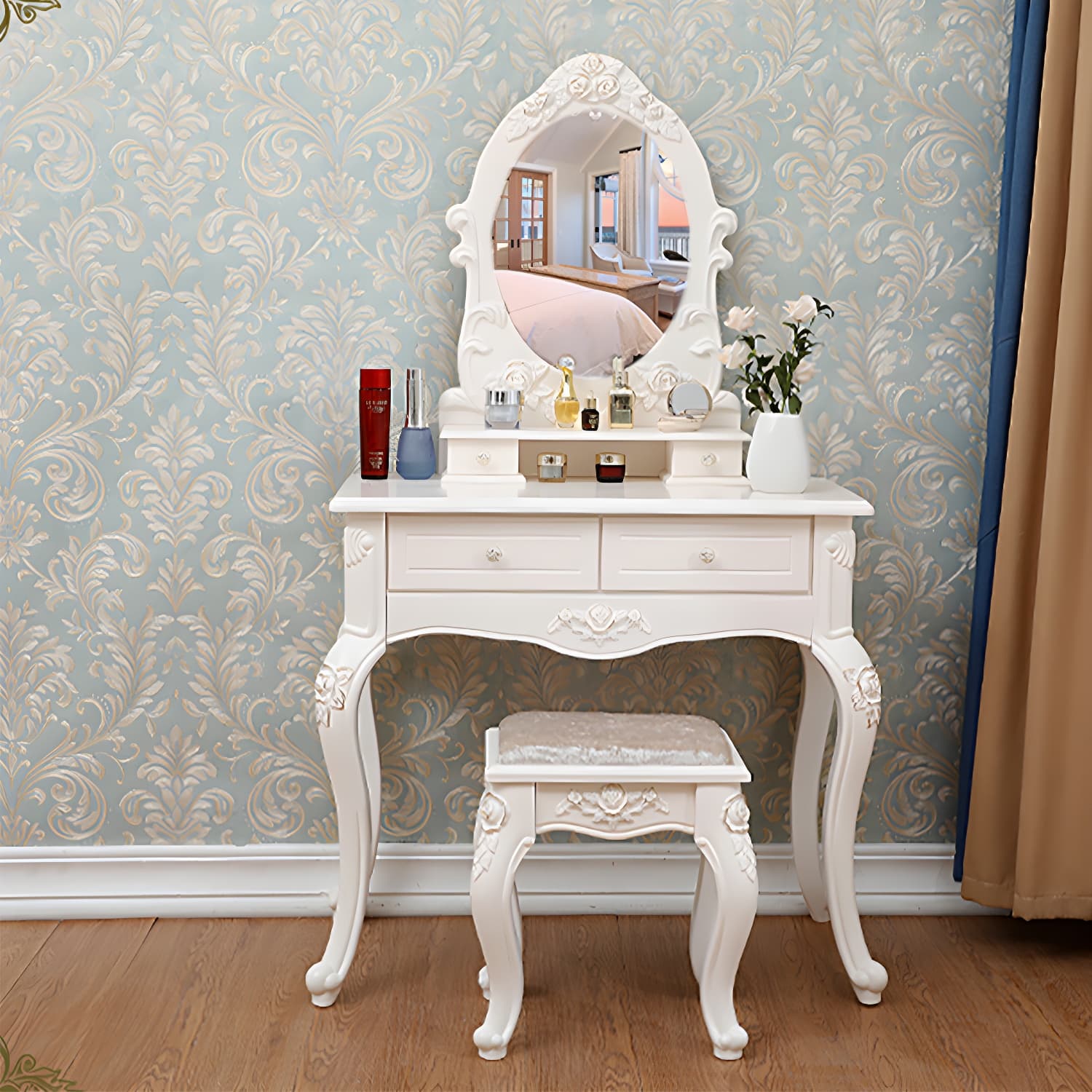 Victorian Bedroom With Drawer Mirror Solid Wood Makeup Vanity Set thumbnail 5