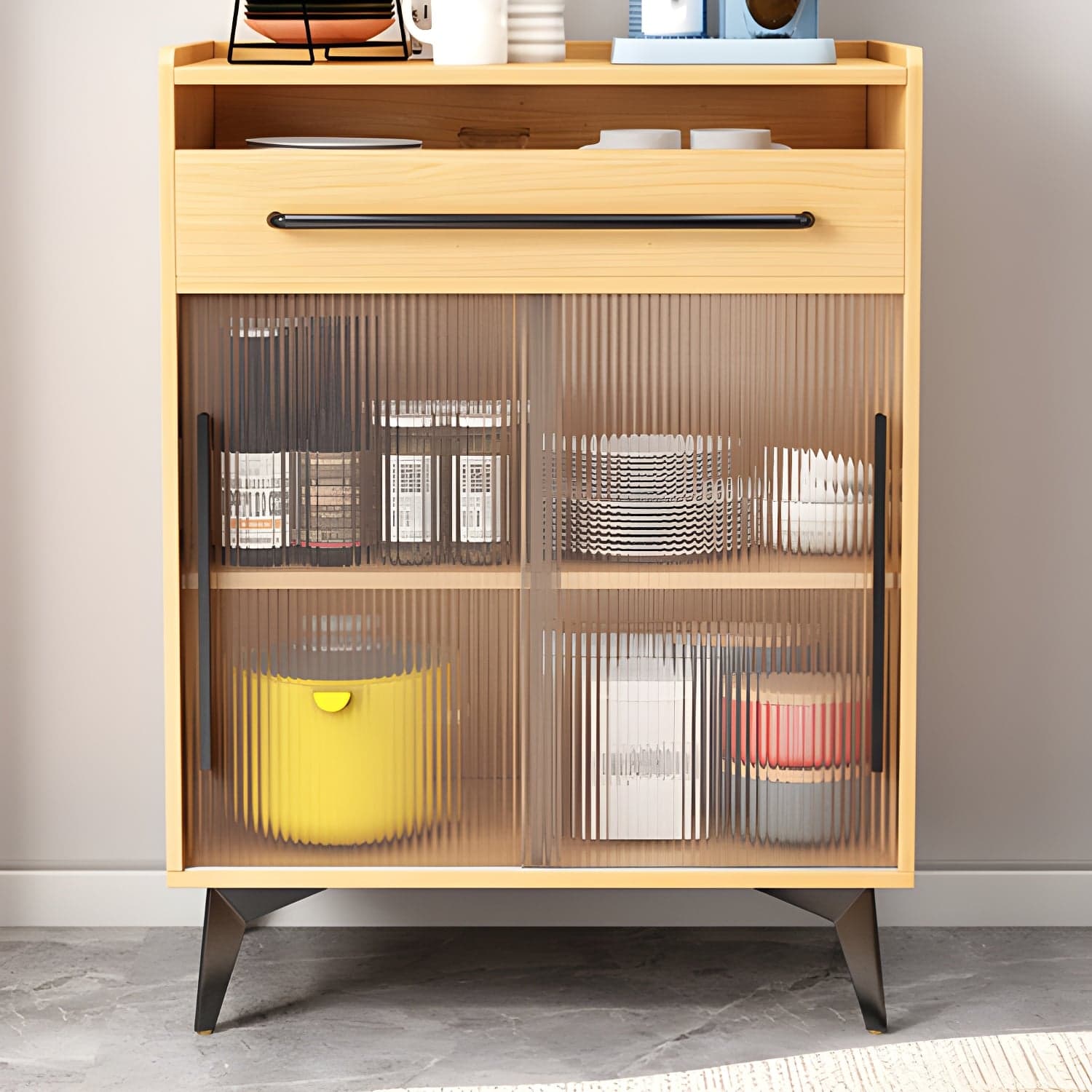 Scandinavian Wood Sideboard Credenza with Acrylic Doors and Drawers - image 4