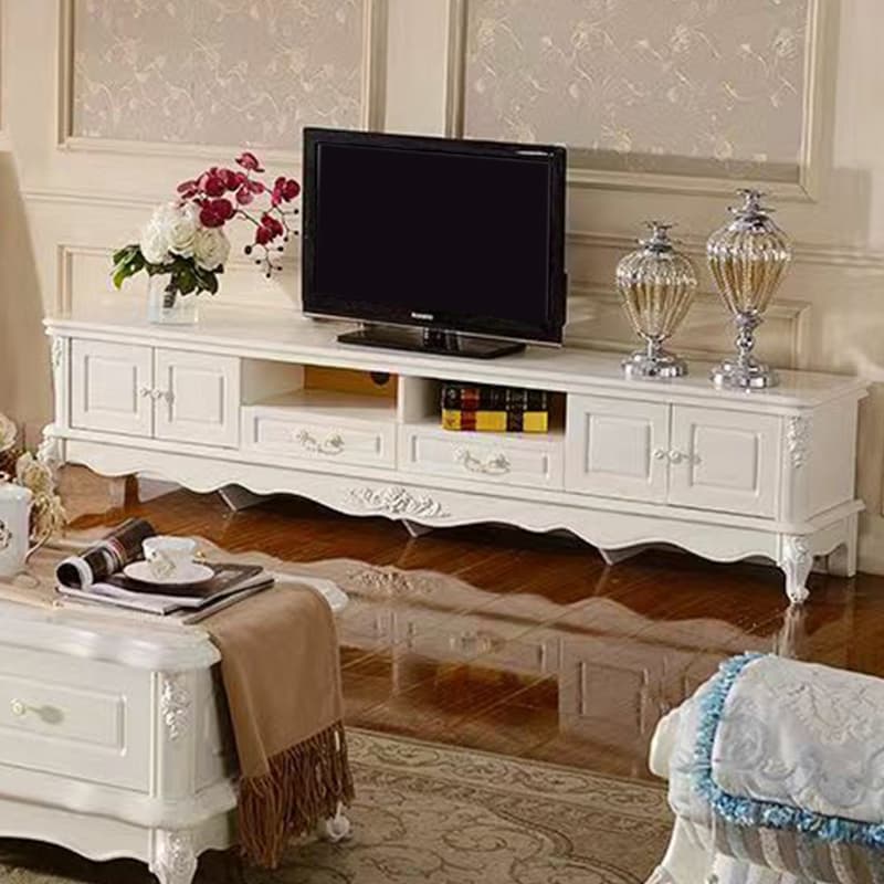 White Wood TV Stand with Drawers and Cabinets featuring Cable Management thumbnail 1