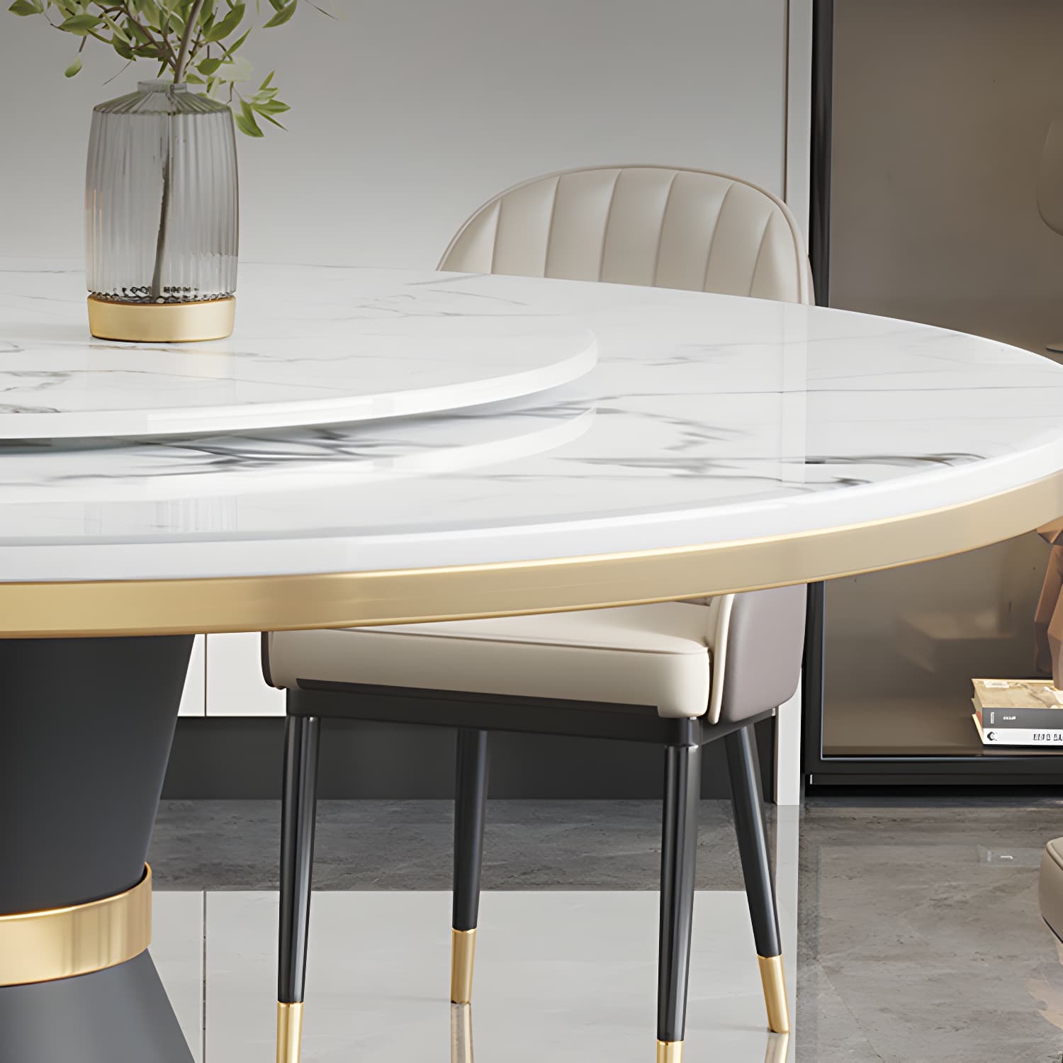 Modern Dining Set 1/5/7 Pcs Round Marble Dining Table and Upholstered Chairs thumbnail 3