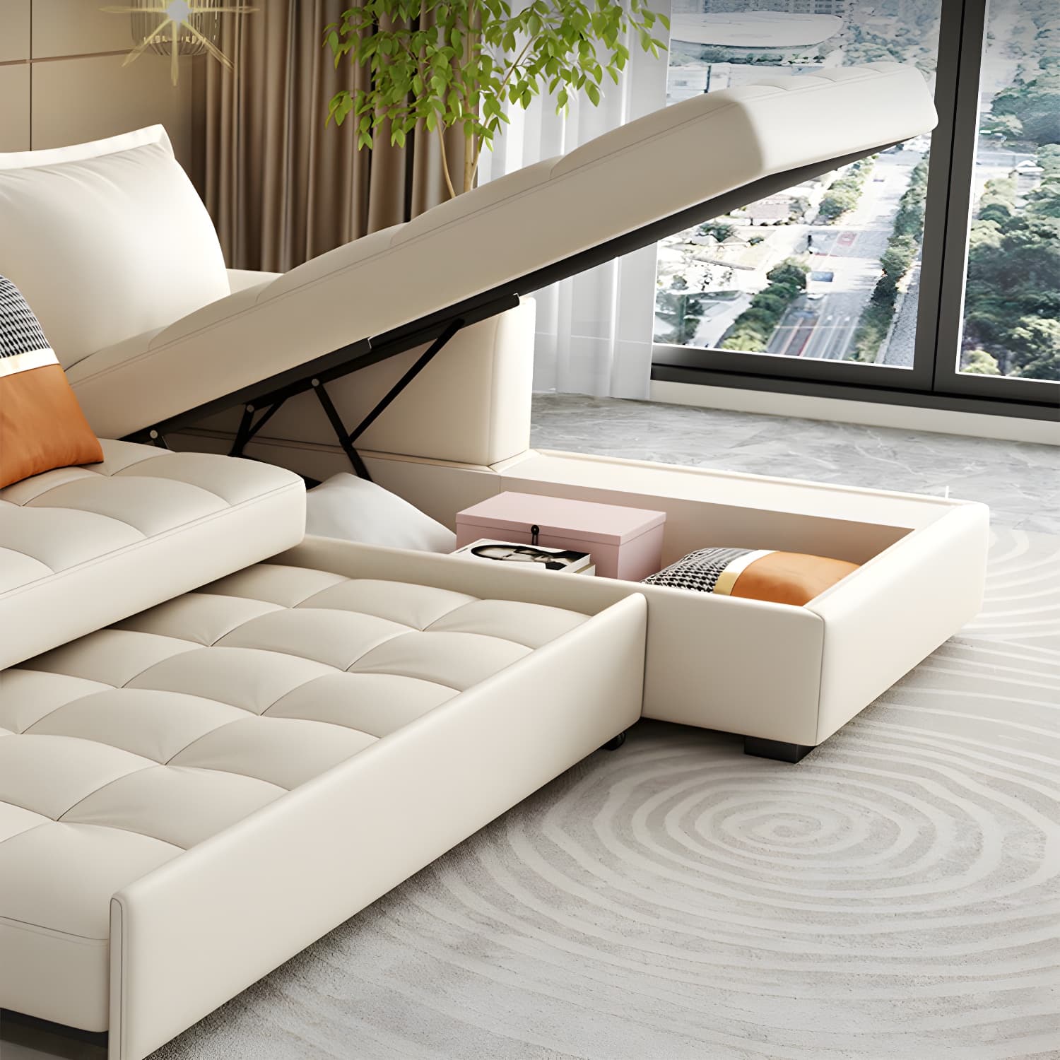 White Modern Sofa Bed with Storage USB Charging Convertible Sectional thumbnail 9
