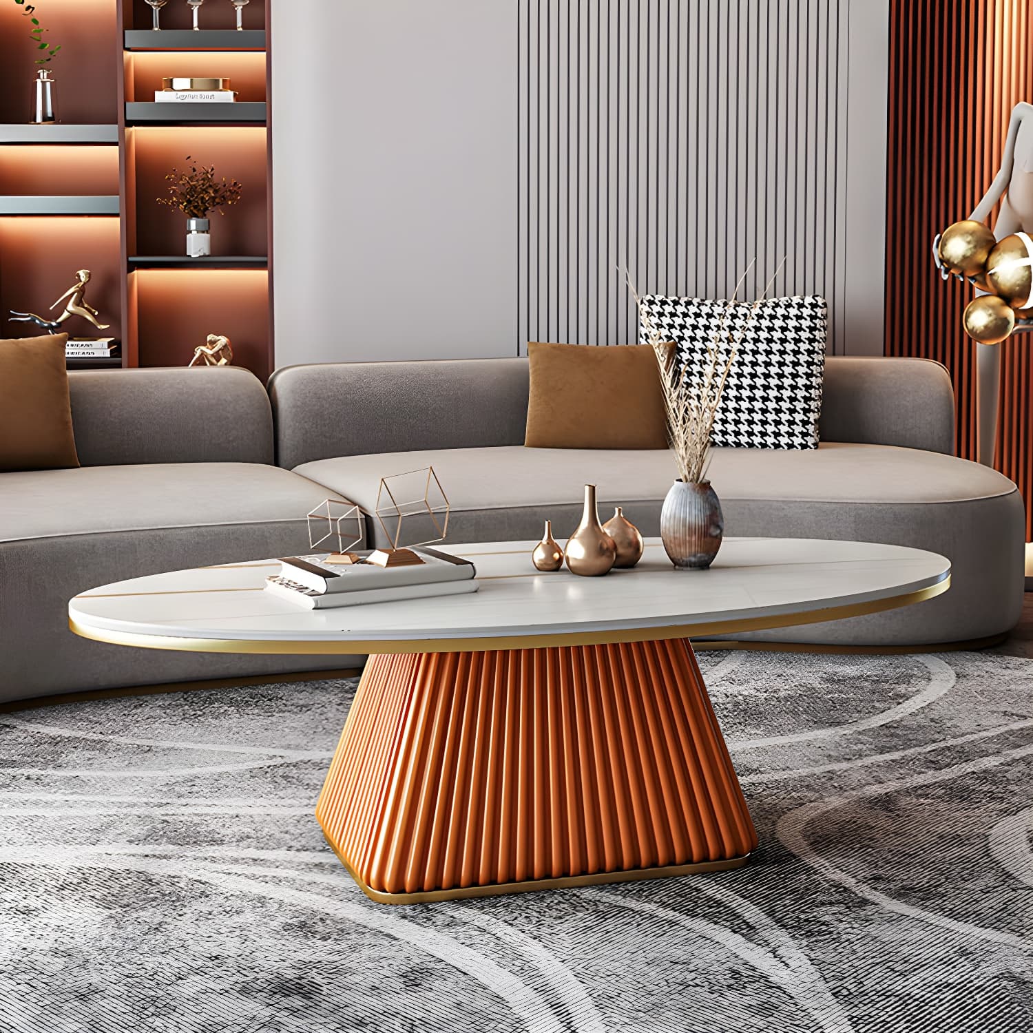 Glam Metal and Slate Cocktail Table Pedestal Coffee Table for Living Room thumbnail 17