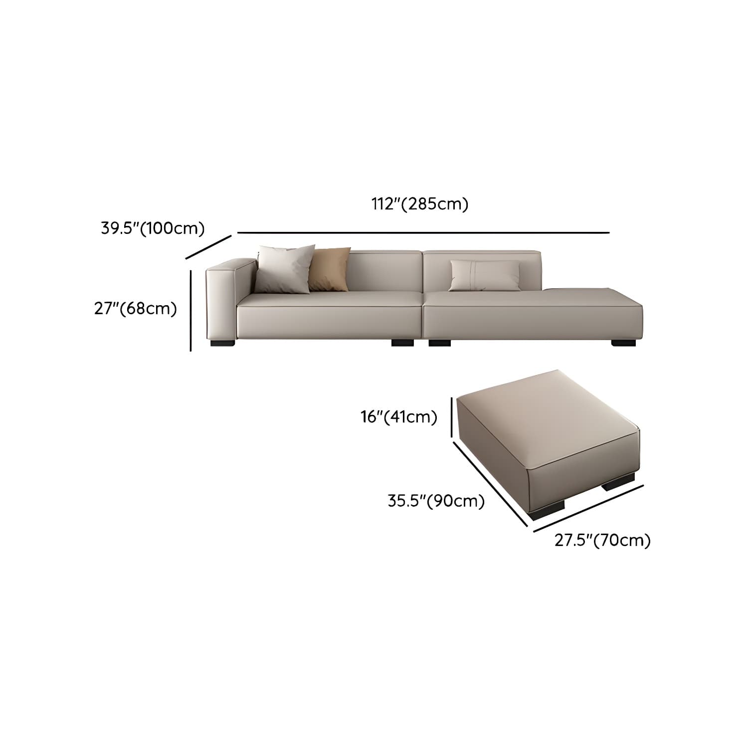 Modern Gray Faux Leather Sofa Chaise with Square Arms and Pine Wood Legs thumbnail 21