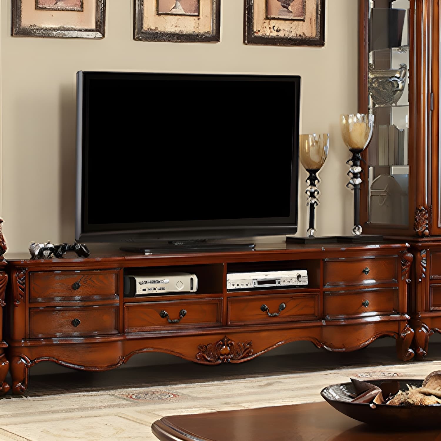 Brown Wooden TV Stand Console Traditional Style Home TV Cabinet with Drawers thumbnail 10