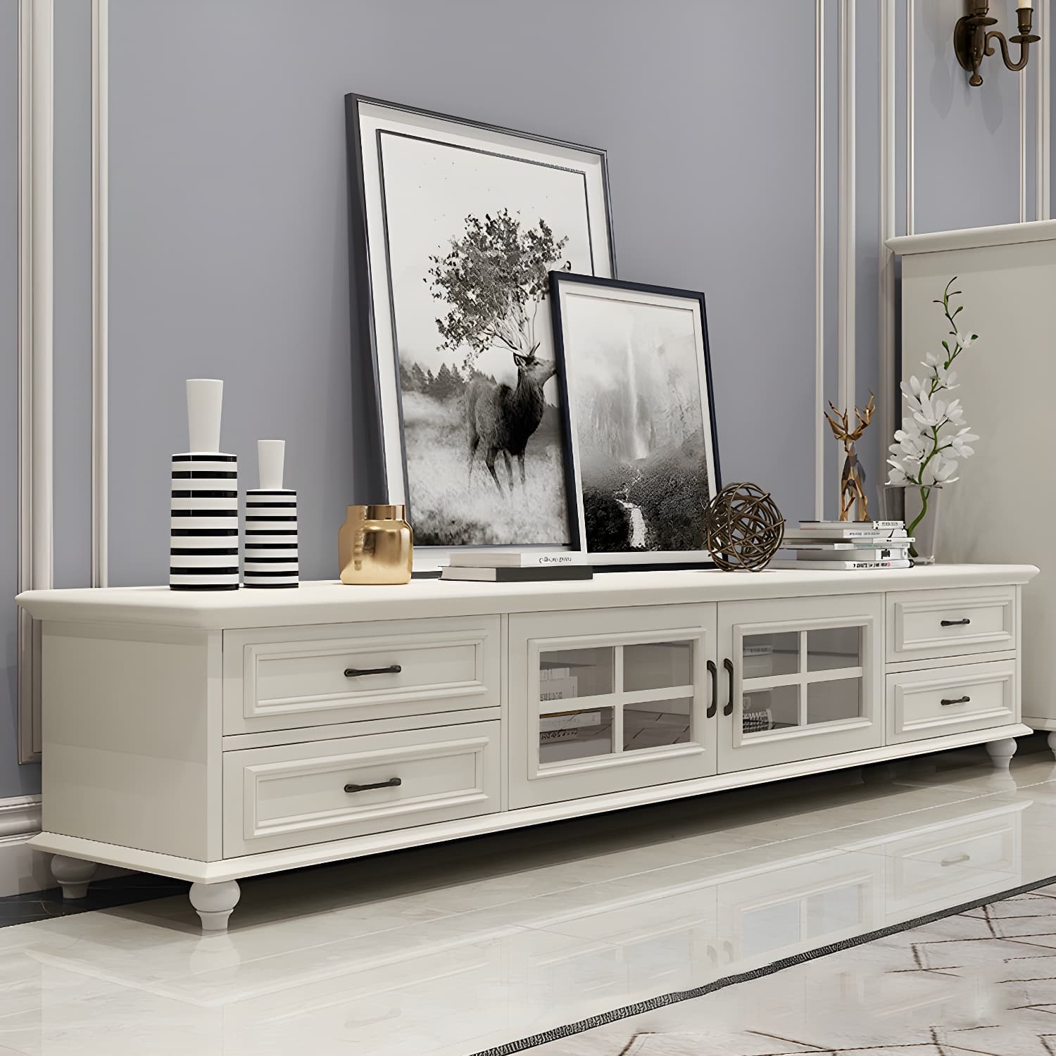 Modern Wood TV Stand with Drawers, Shelves, and Legs - Low Height - Cable Management thumbnail 5