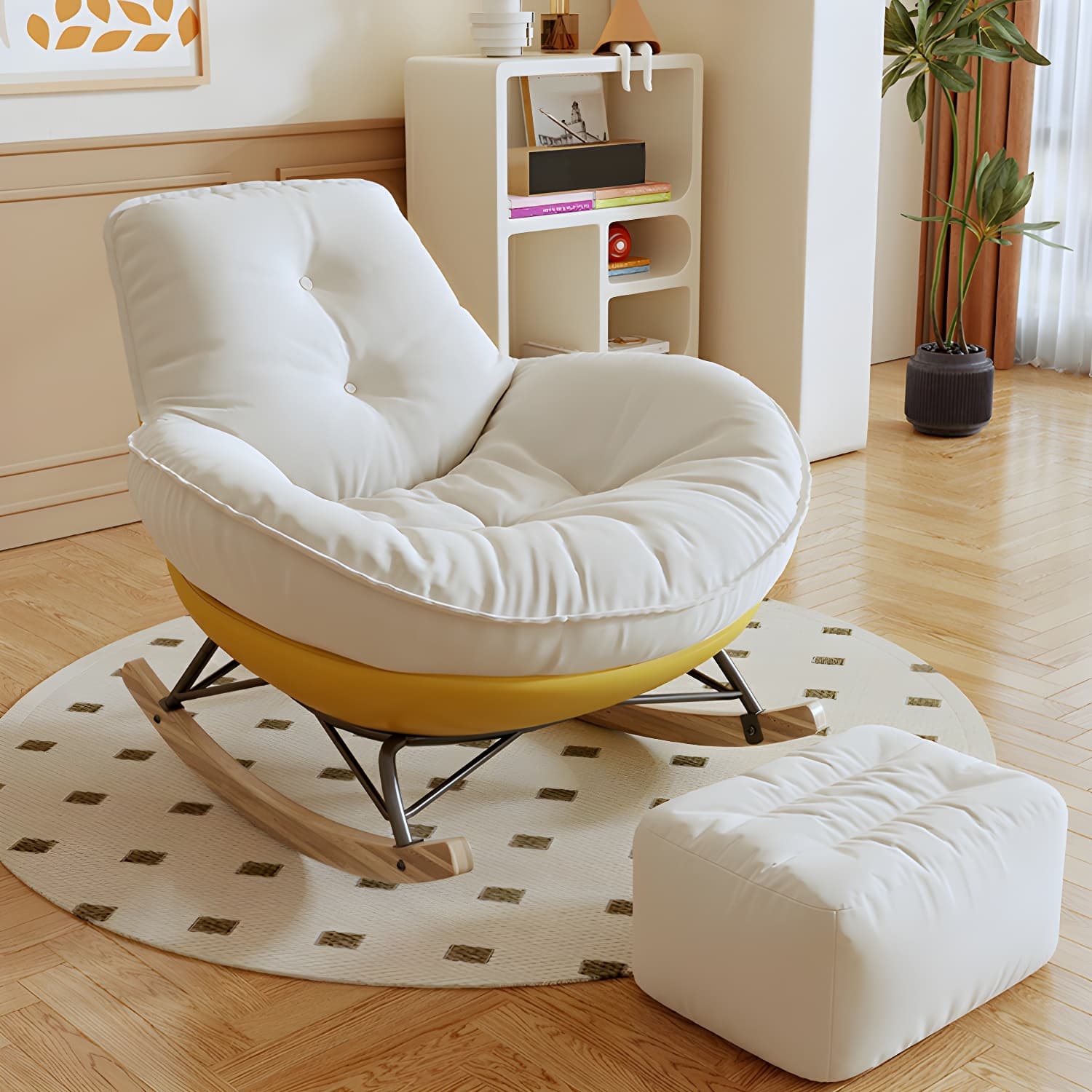Indoor Contemporary Rocking Chair with Beige Upholstered and Wood Legs thumbnail 8