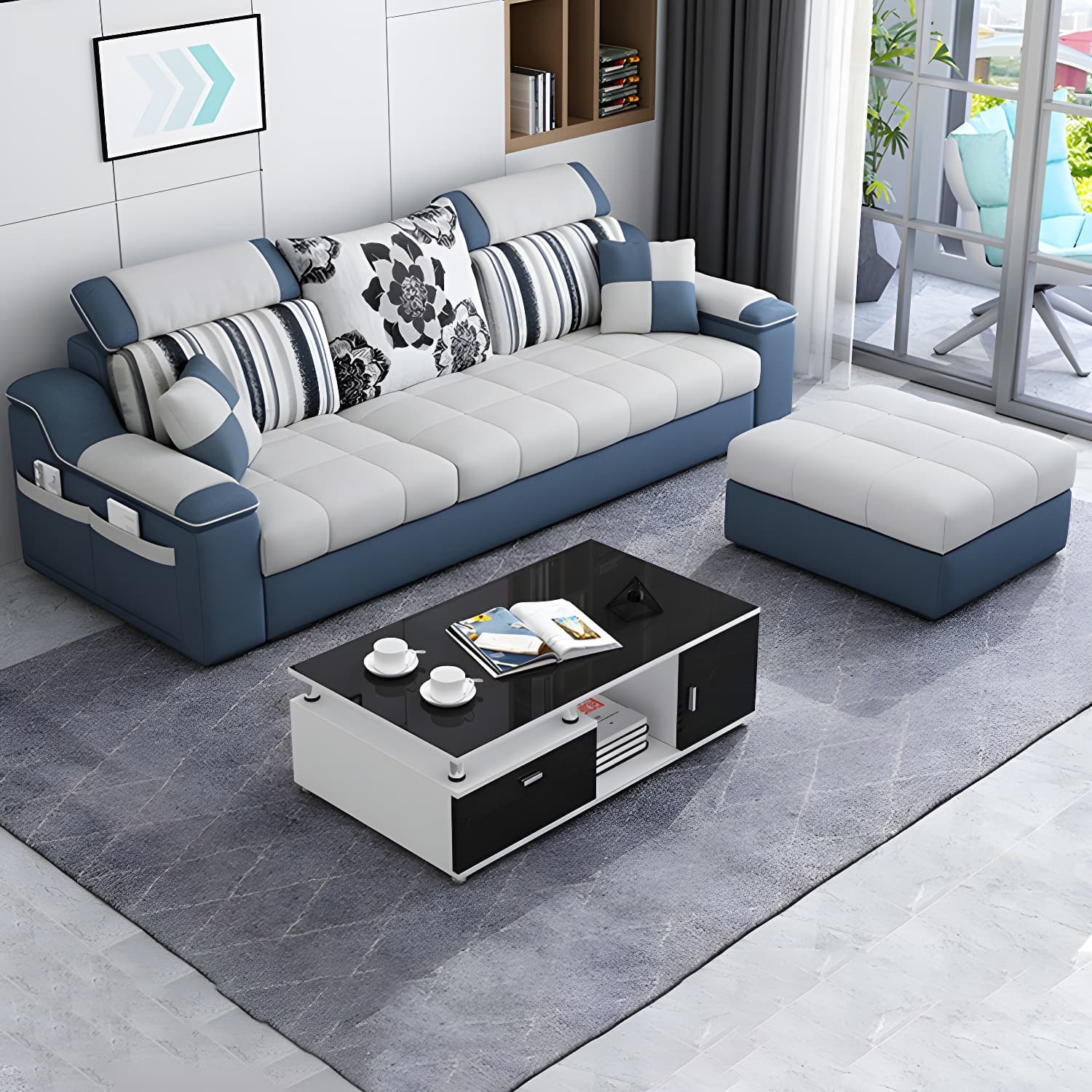 Reversible L-Shape Scandinavian Sectional Sofa with Ottoman and Adjustable Headrest in 2 Piece Set thumbnail 11