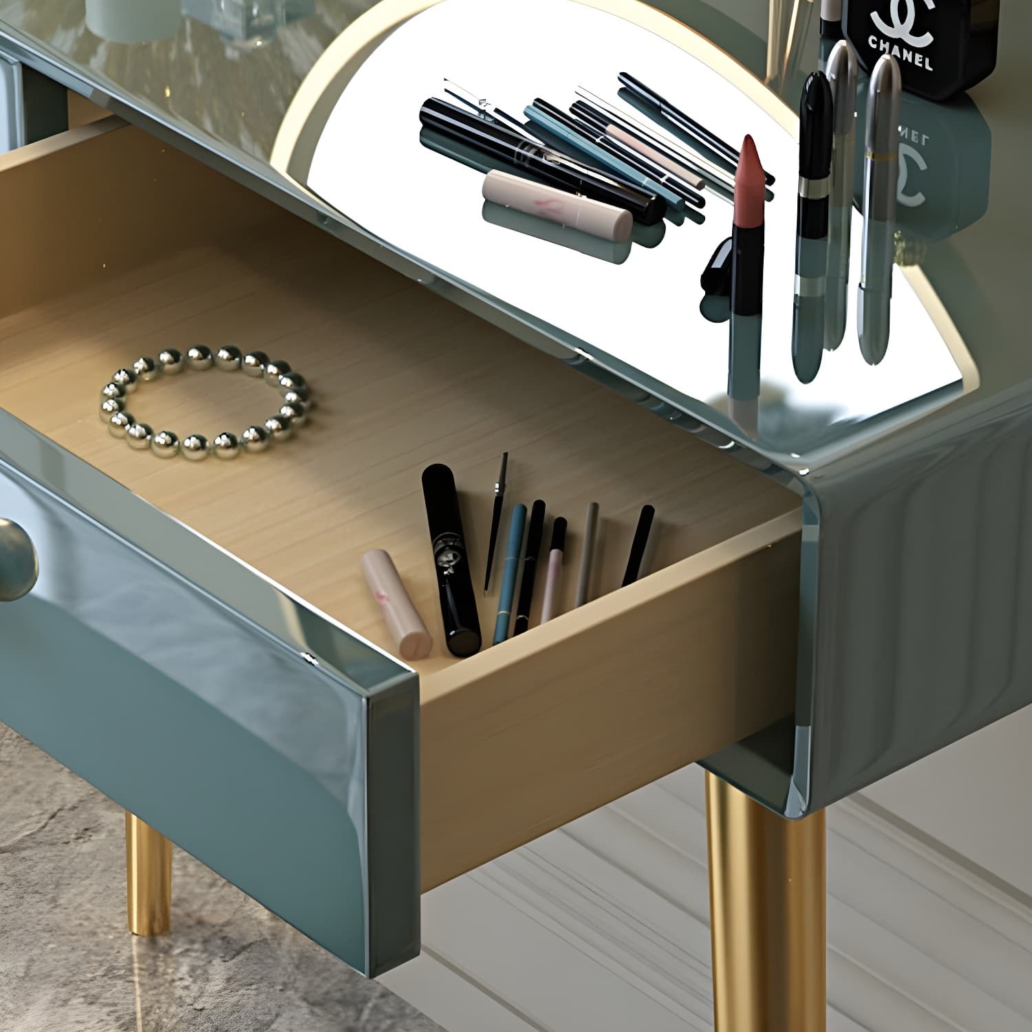 Glam 29.5" Height Wooden Makeup Vanity with Drawers and Mirror thumbnail 10
