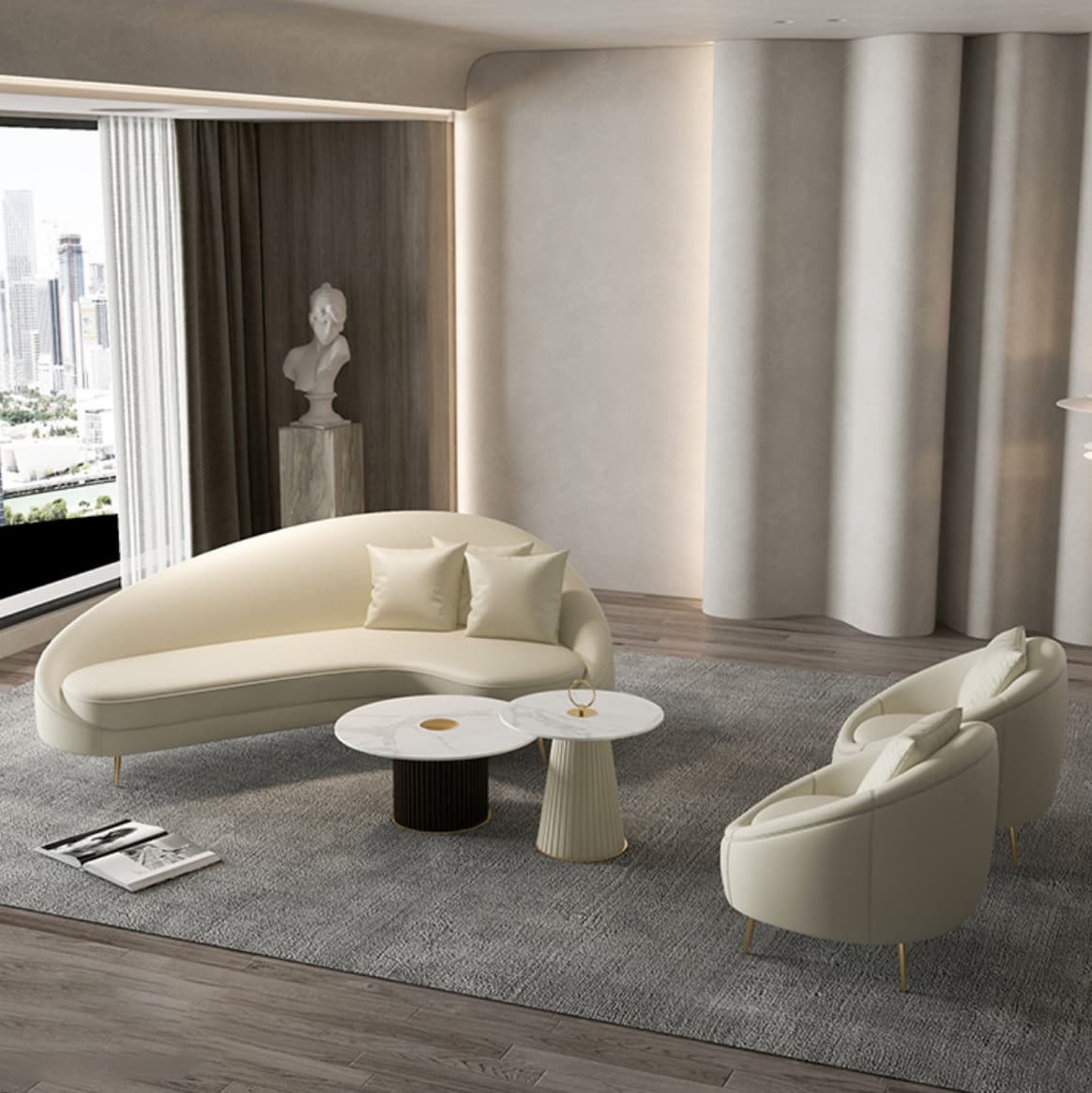 Faux Leather Curved Sofa Contemporary Sloped Arm Sofa for Living Room thumbnail 27