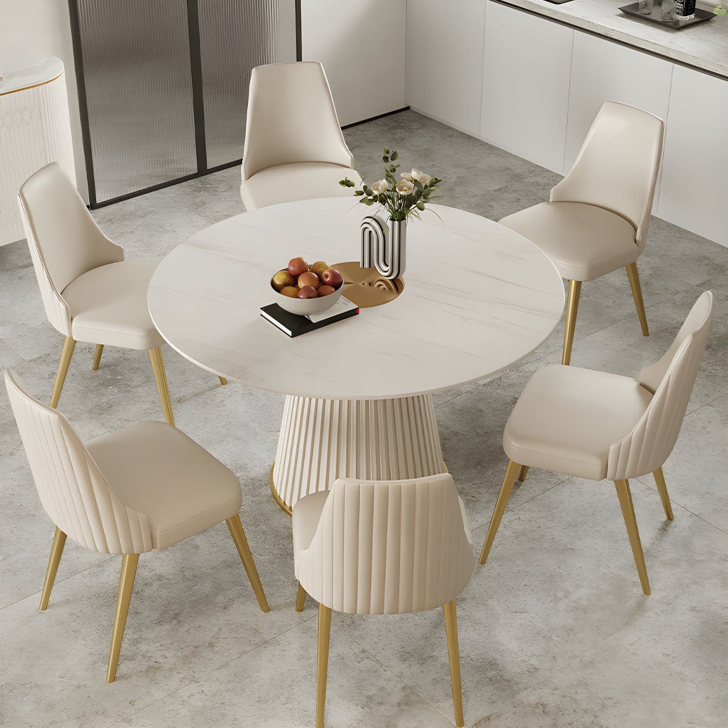 Stone Top Dining Table Round Table with Wood Pedestal Base in White thumbnail 6