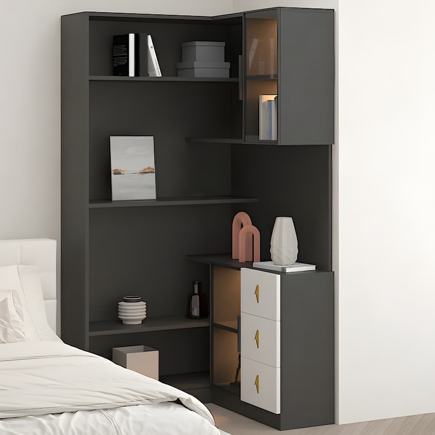 Corner Modern Accent Cabinet with Wood Counter Top, Glass Doors, Drawers, and Adjustable Shelves thumbnail 6
