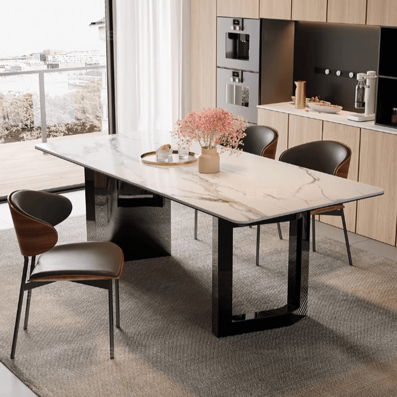 Dining Table Set with Slate Stone Top, Two-sided Pedestal, Padded Chair, Back, for 6 People/4 People in White thumbnail 1