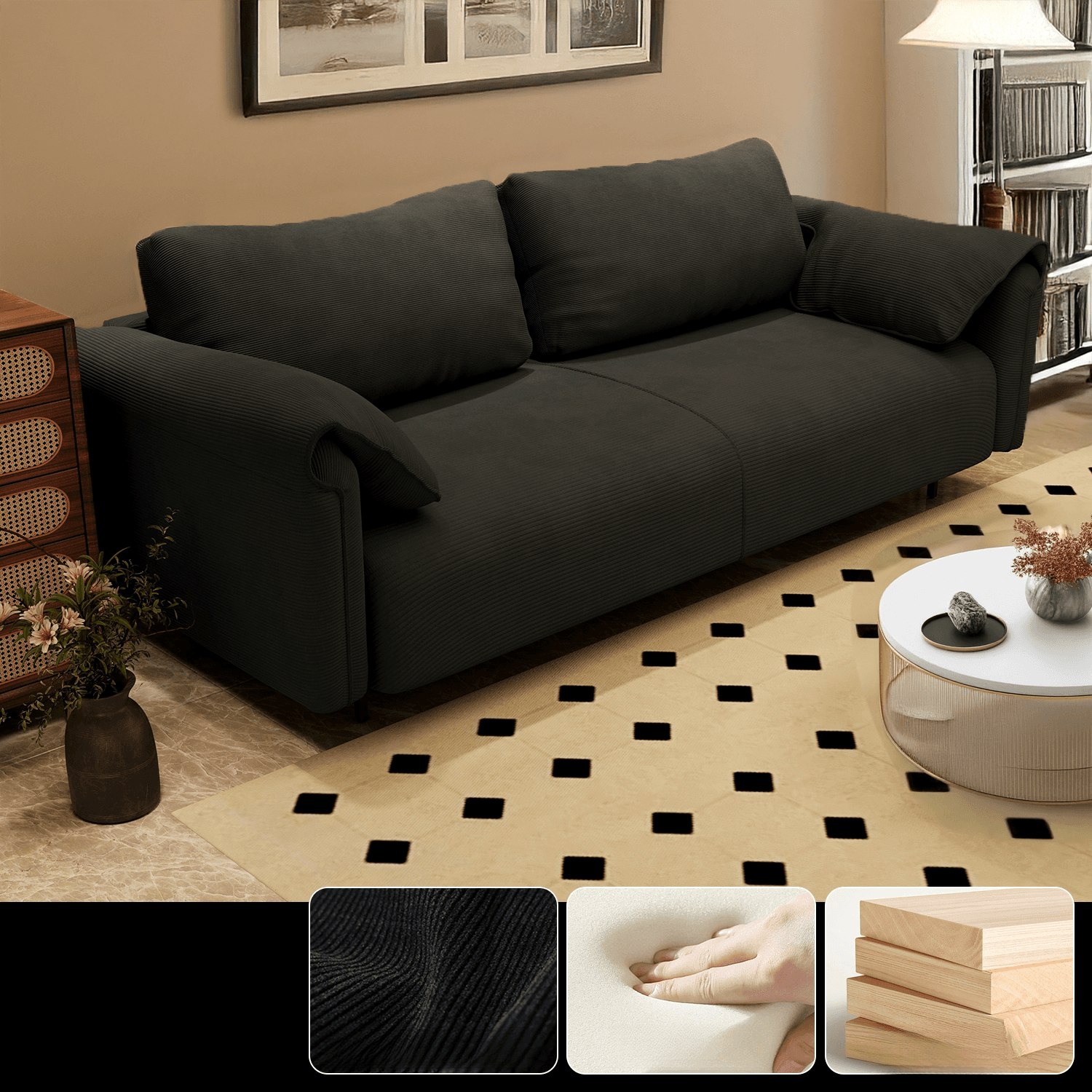 Modern Solid Color Tear Resistant Standard Sofa/Loveseat in Black/Ivory for 3-seater/Seats 2 thumbnail 1