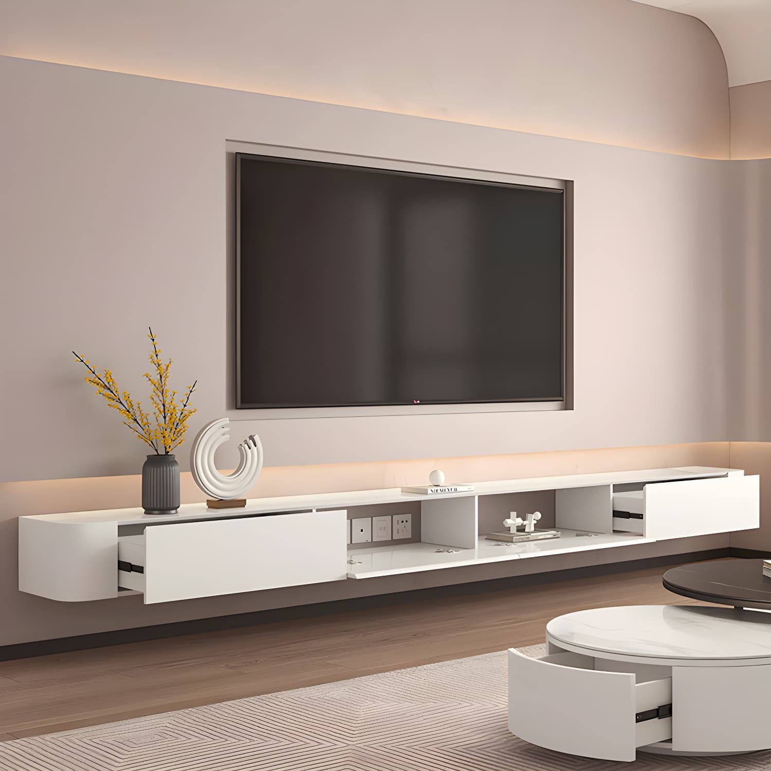 Scandinavian Solid Wood Frame Wall-mounted TV Media Stand with Drawers and Door thumbnail 3