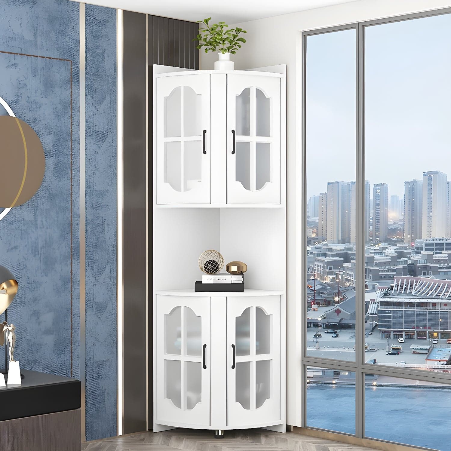 Corner Modern Glass Door Accent Cabinet with Wood Base and 2 Exterior Shelves thumbnail 4