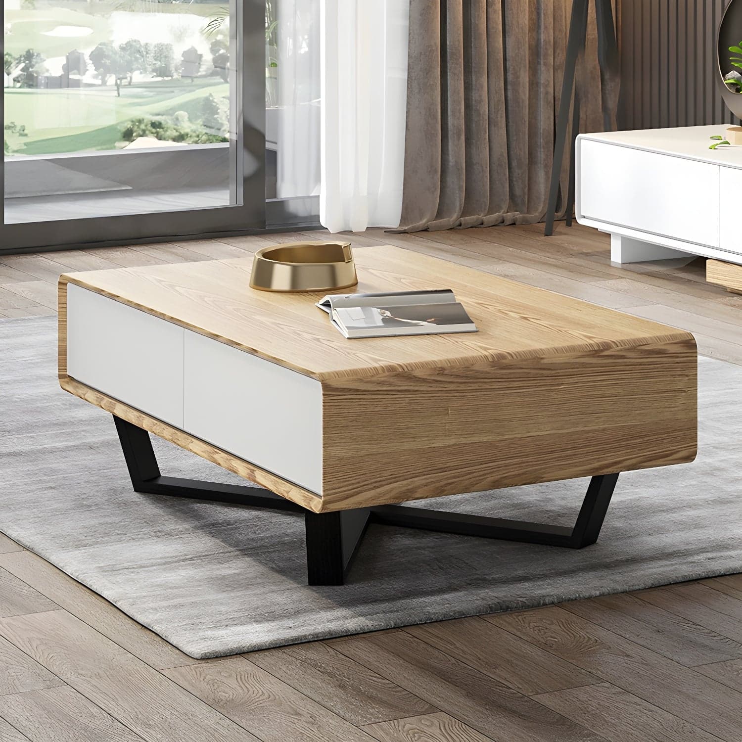 Rectangular Wood Modern Coffee Table with Black Metal Cross Legs and Storage Drawers thumbnail 4