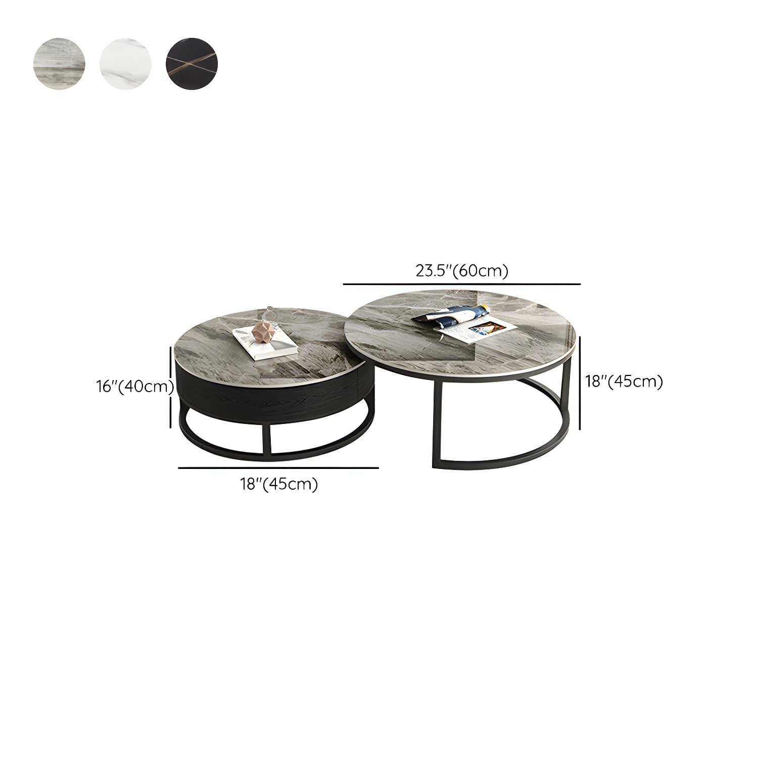 Set of 2 Round Stone Top Modern Nesting Tables with Black Metal Frames and Drawers Included thumbnail 13
