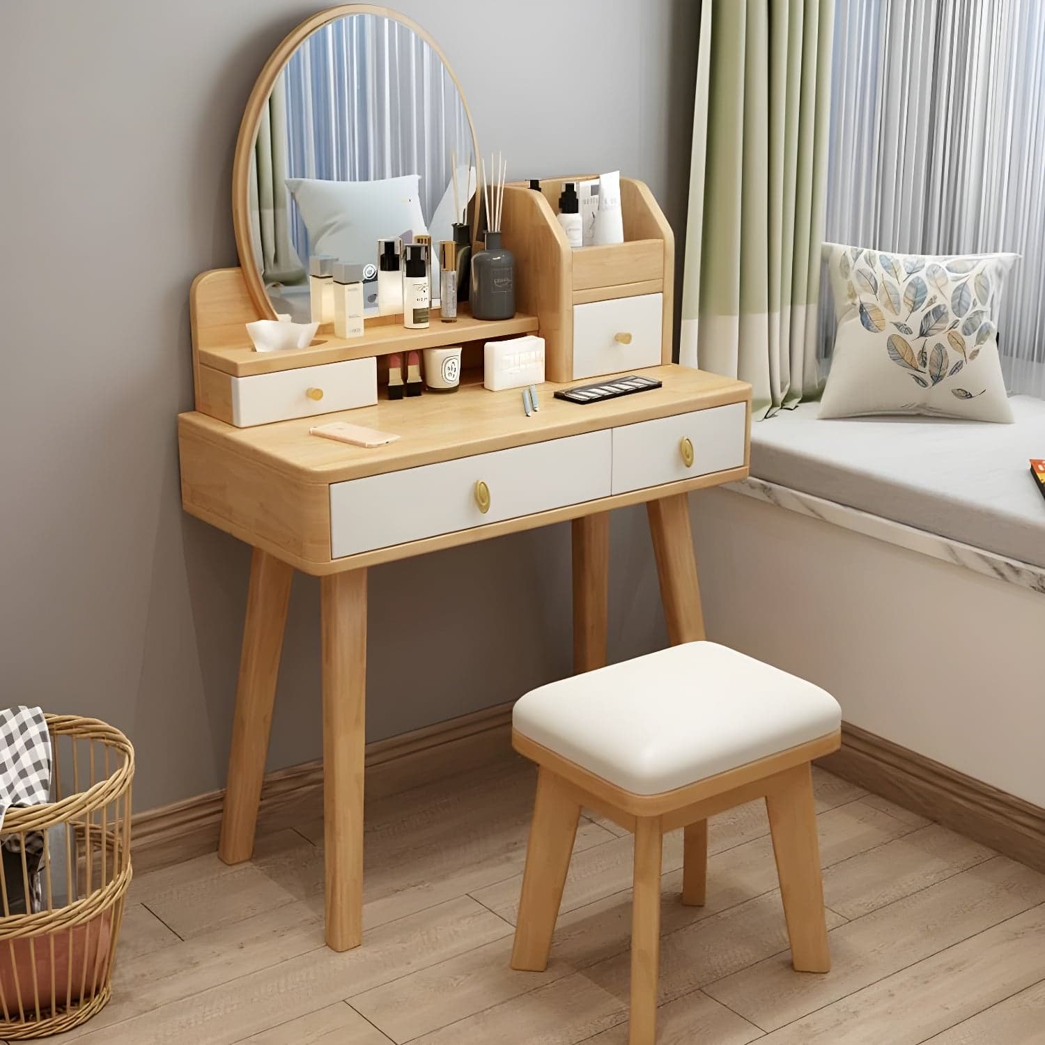 Modern Wood Makeup Vanity with Drawers, Mirror & Upholstered Chair thumbnail 1
