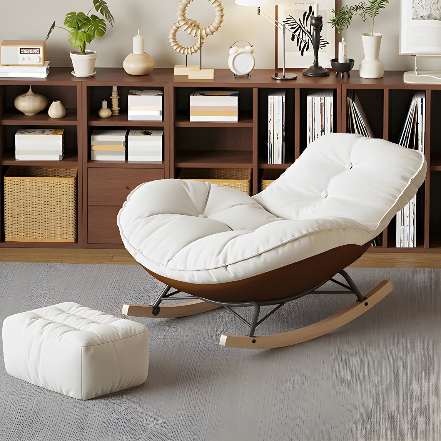 Contemporary Upholstered Rocking Chair with White Tufted Flannel Cushion and Solid Wood Legs thumbnail 17